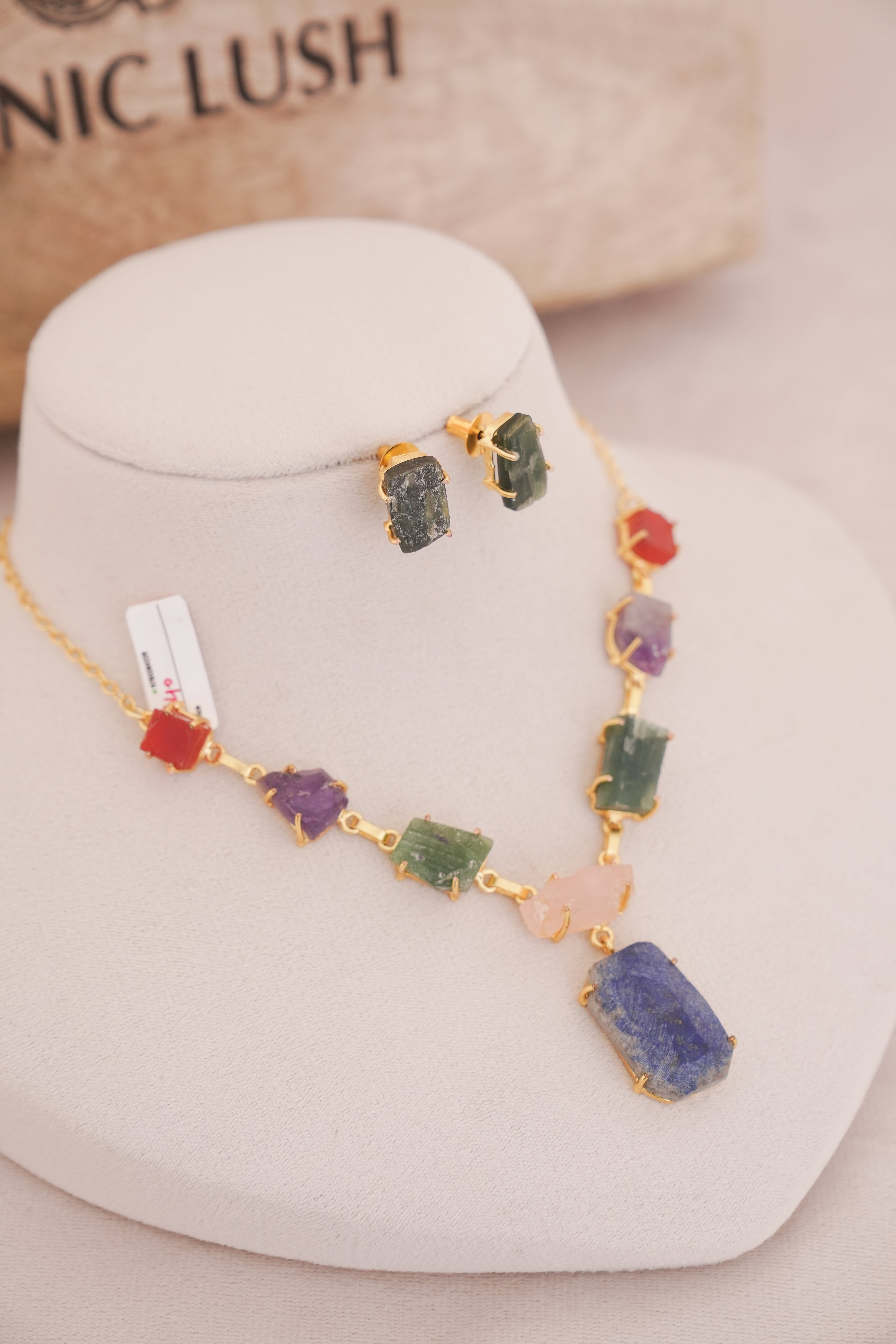 Rainbow Natural Multi Gemstone Statement Pendant Necklace Set