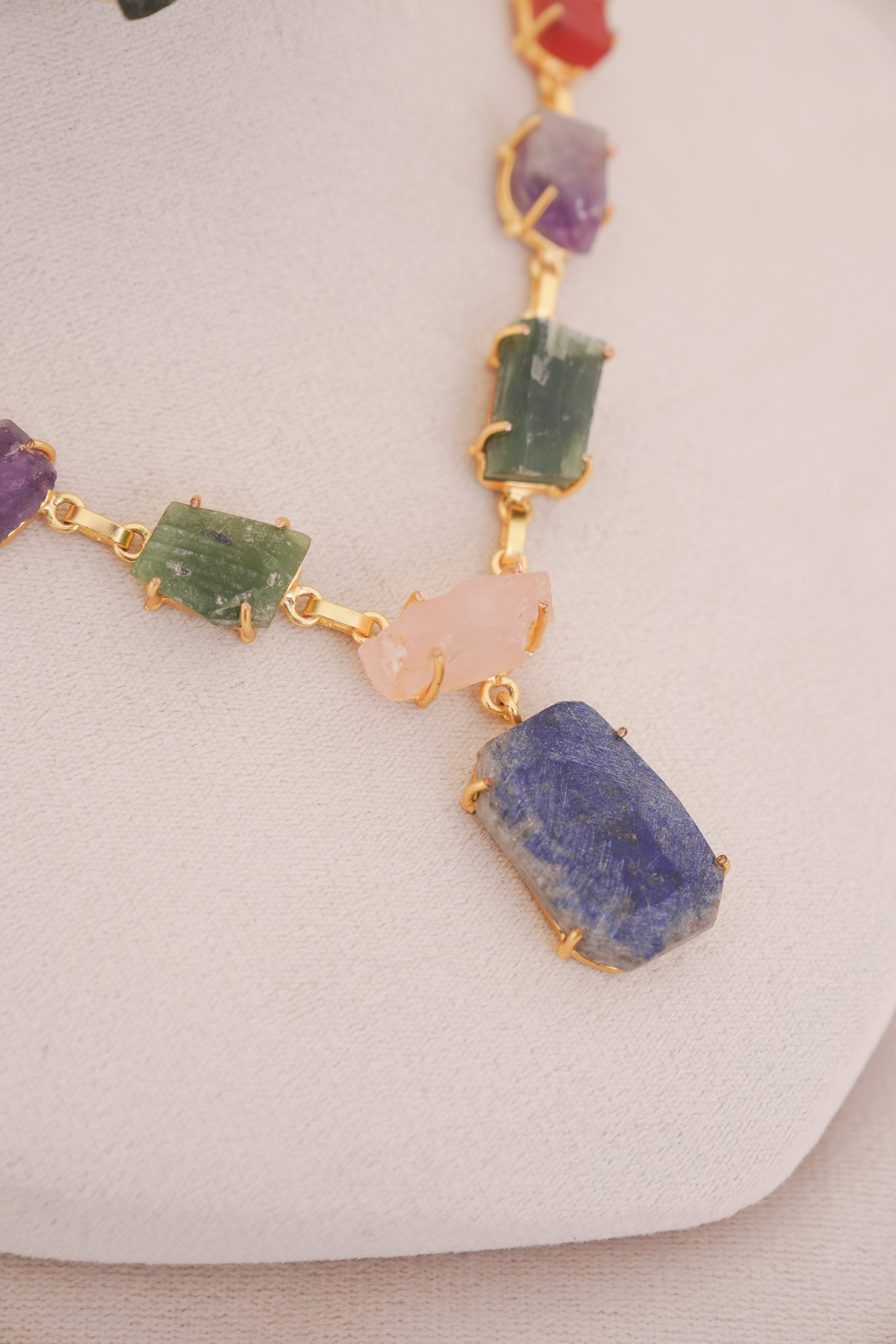 Rainbow Natural Multi Gemstone Statement Pendant Necklace Set