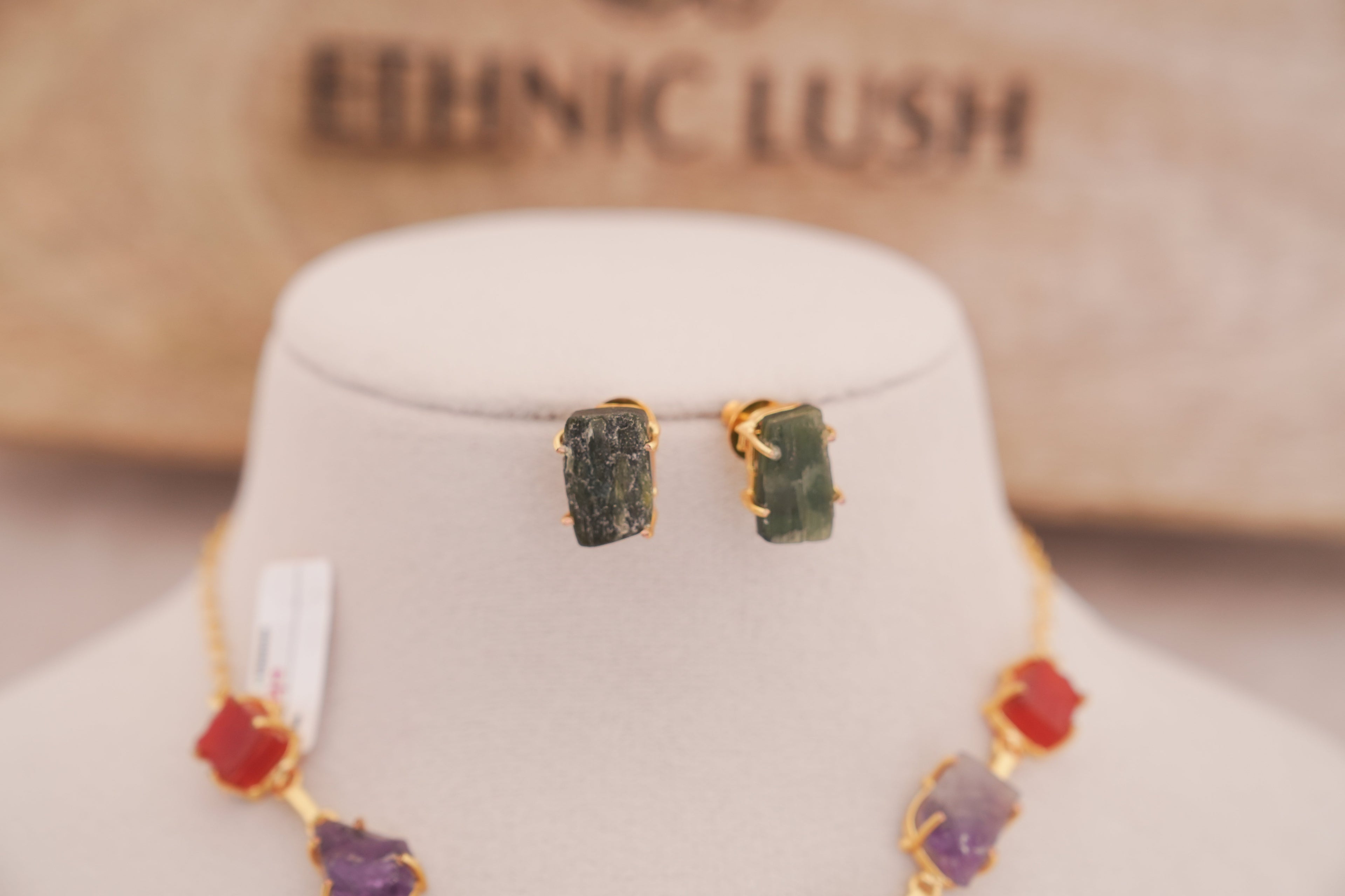 Rainbow Natural Multi Gemstone Statement Pendant Necklace Set