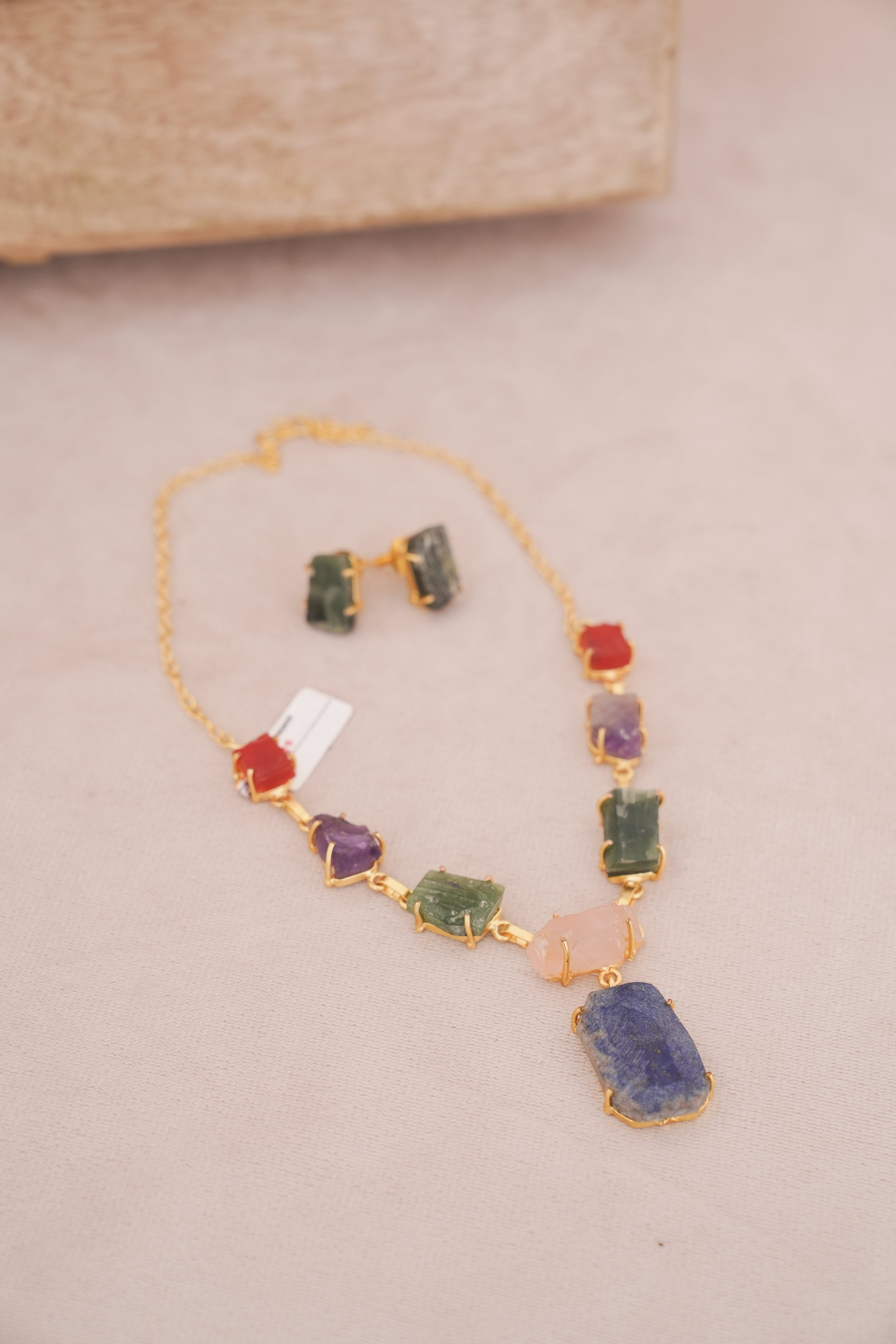 Rainbow Natural Multi Gemstone Statement Pendant Necklace Set
