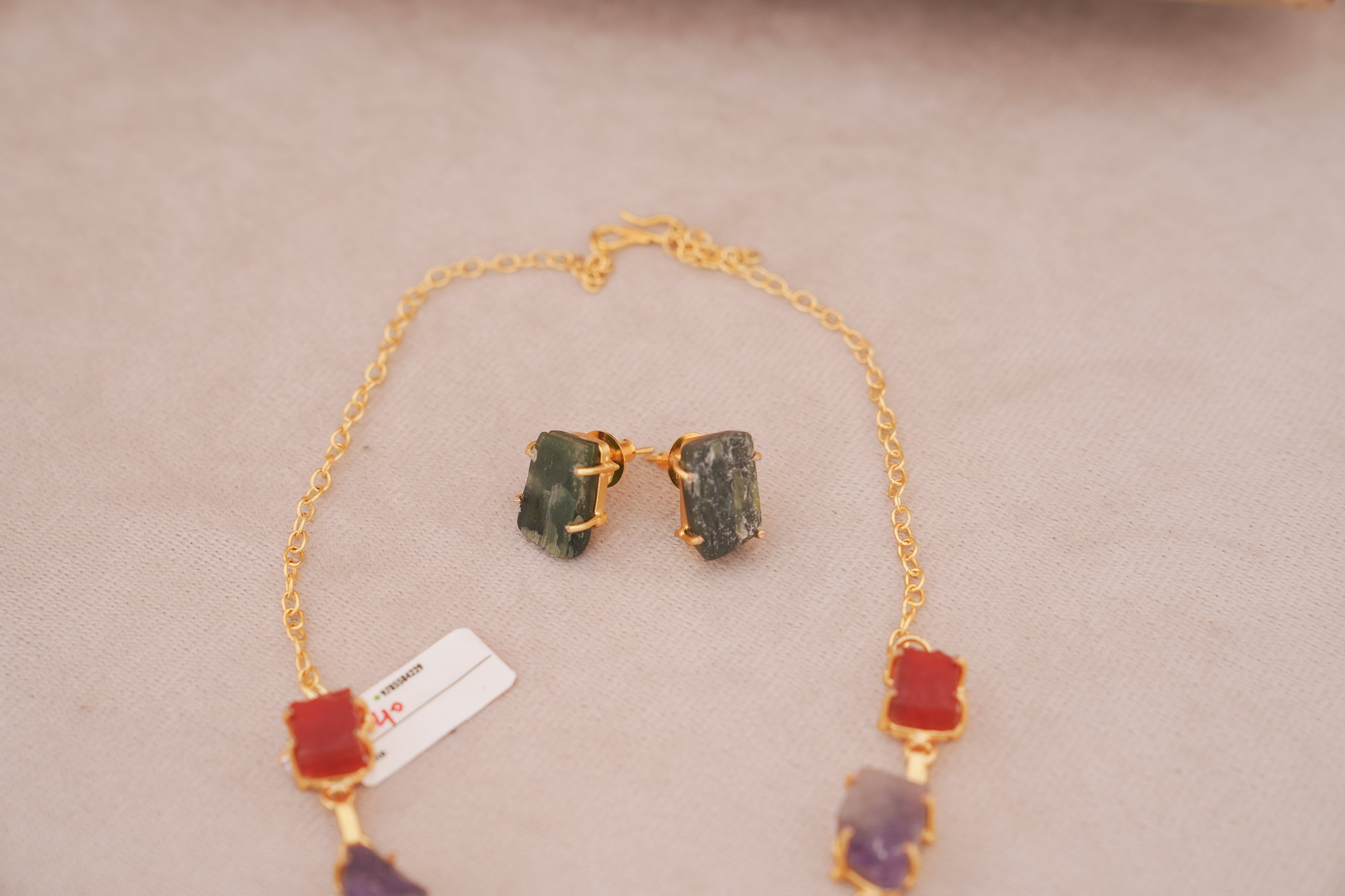 Rainbow Natural Multi Gemstone Statement Pendant Necklace Set