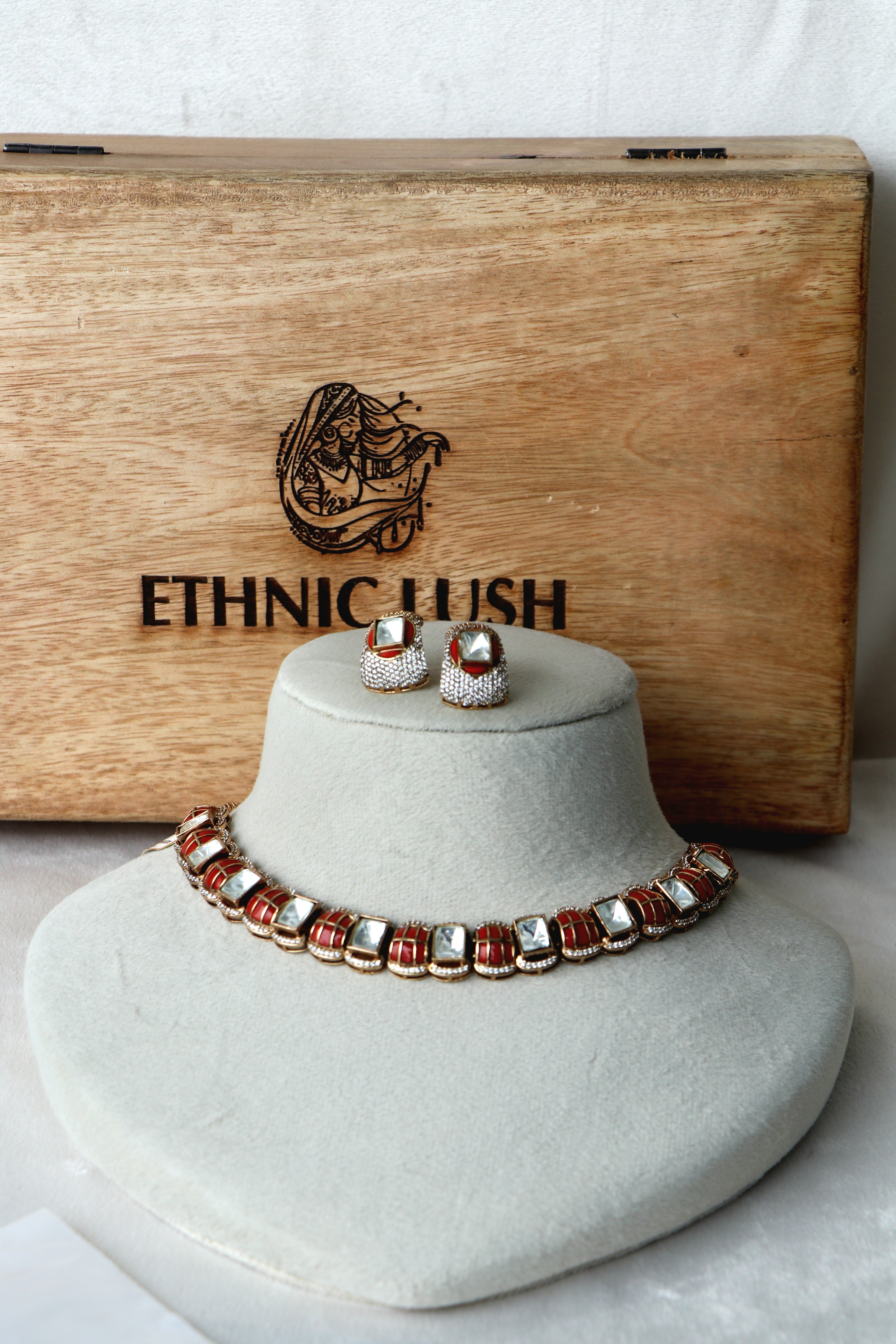 Coral Grid Cubic Zirconia Necklace  Earring Set