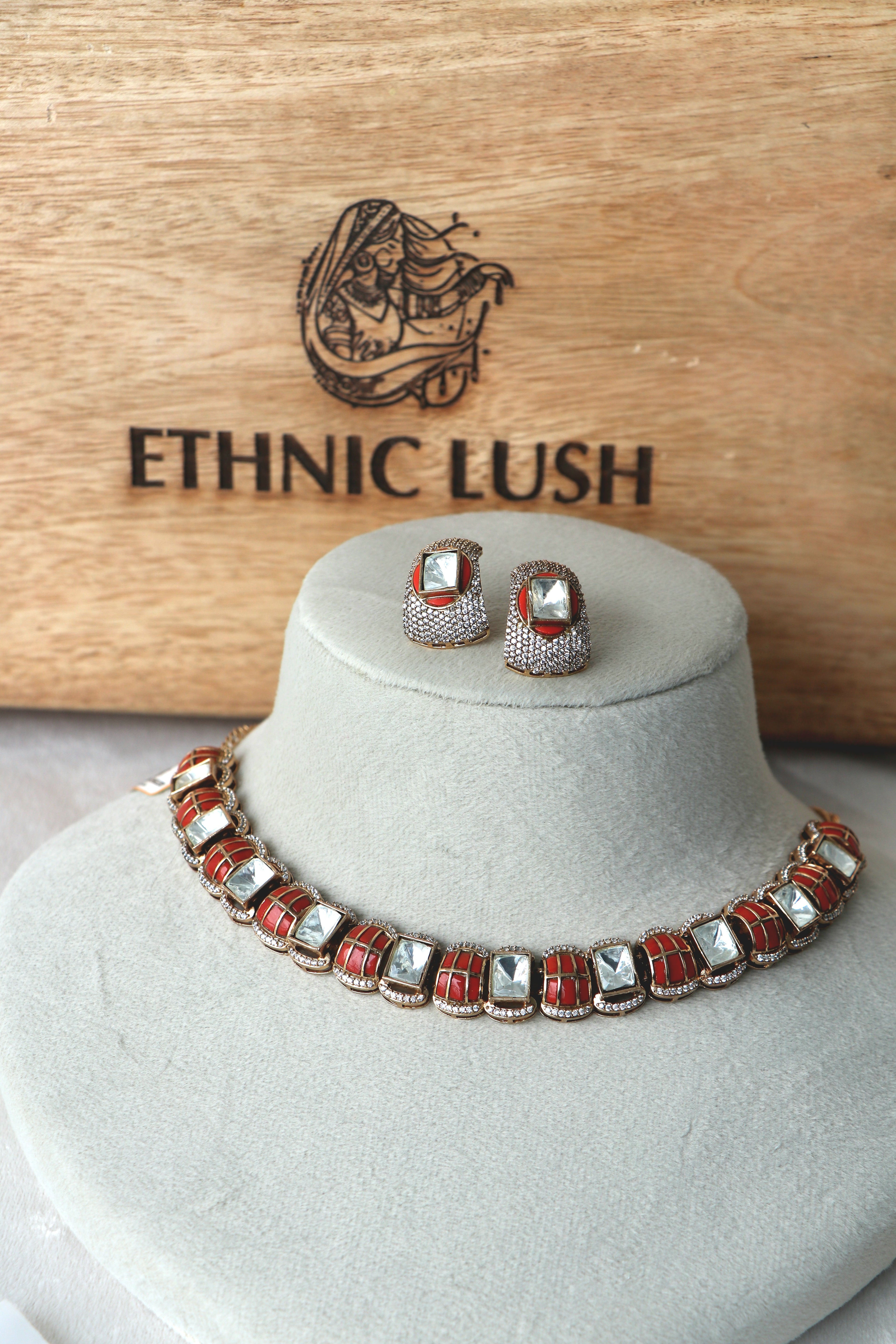 Coral Grid Cubic Zirconia Necklace  Earring Set