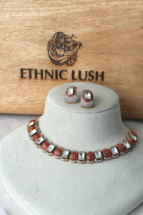 Coral Grid Cubic Zirconia Necklace  Earring Set