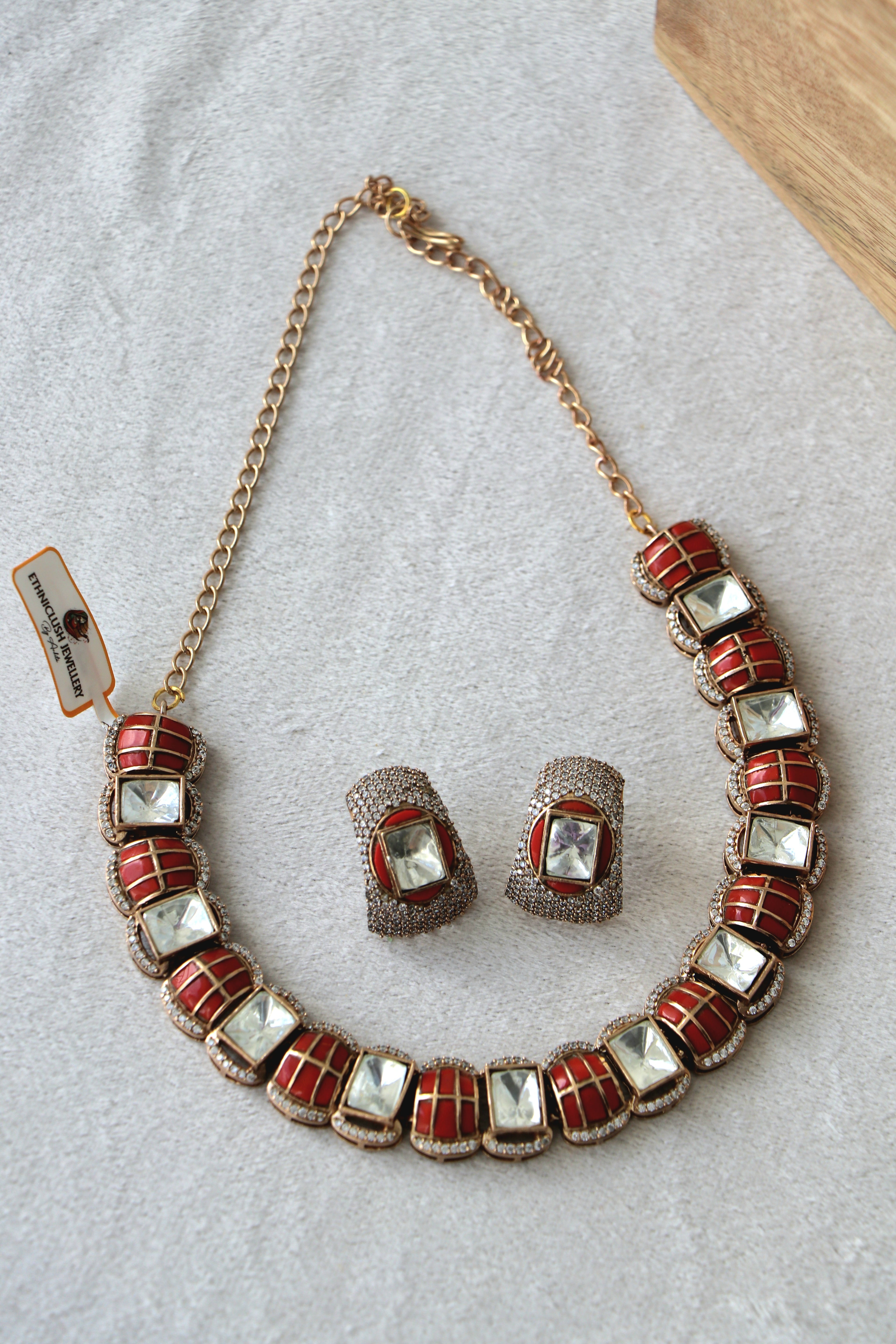 Coral Grid Cubic Zirconia Necklace  Earring Set