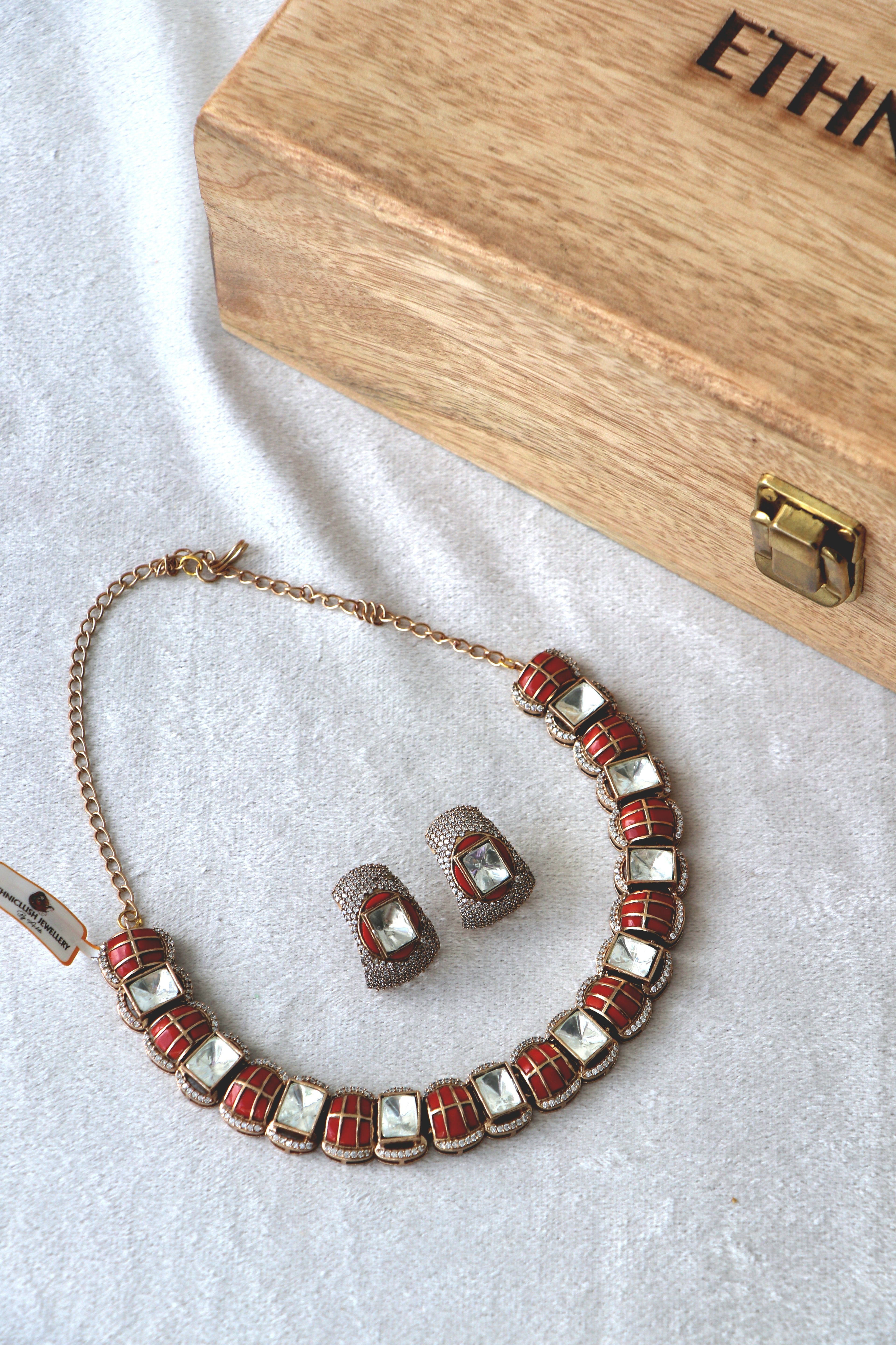 Coral Grid Cubic Zirconia Necklace  Earring Set