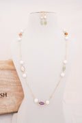 Handcrafted Freshwater Pearl & Pastel Multi-Gemstone Station Necklace with Matching Earrings