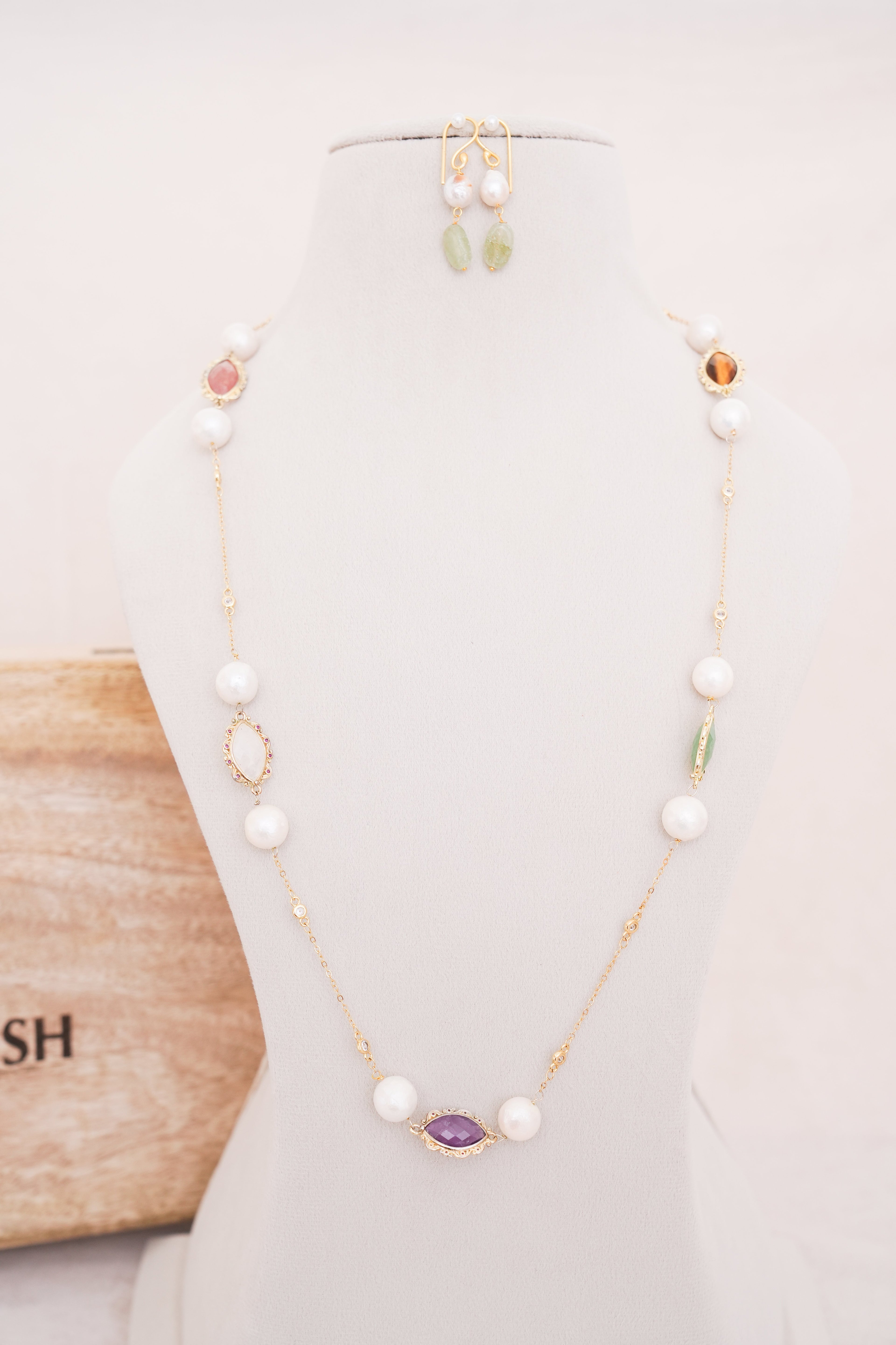 Handcrafted Freshwater Pearl & Pastel Multi-Gemstone Station Necklace with Matching Earrings