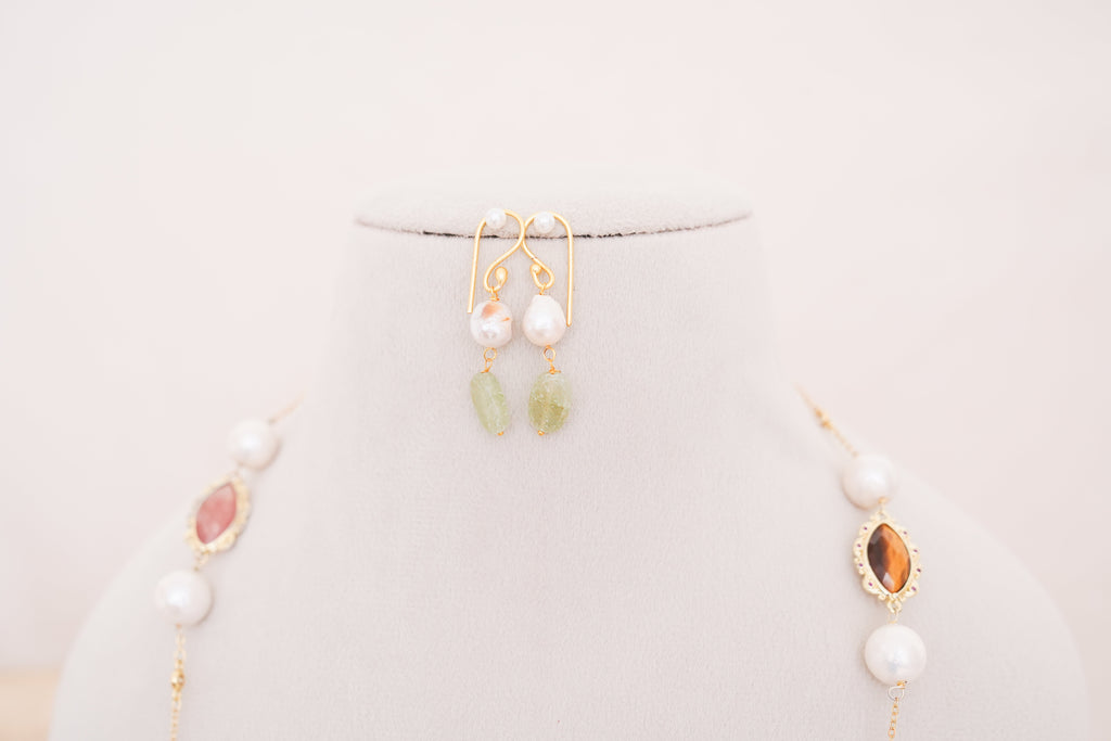 Handcrafted Freshwater Pearl & Pastel Multi-Gemstone Station Necklace with Matching Earrings