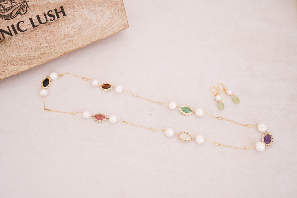 Handcrafted Freshwater Pearl & Pastel Multi-Gemstone Station Necklace with Matching Earrings