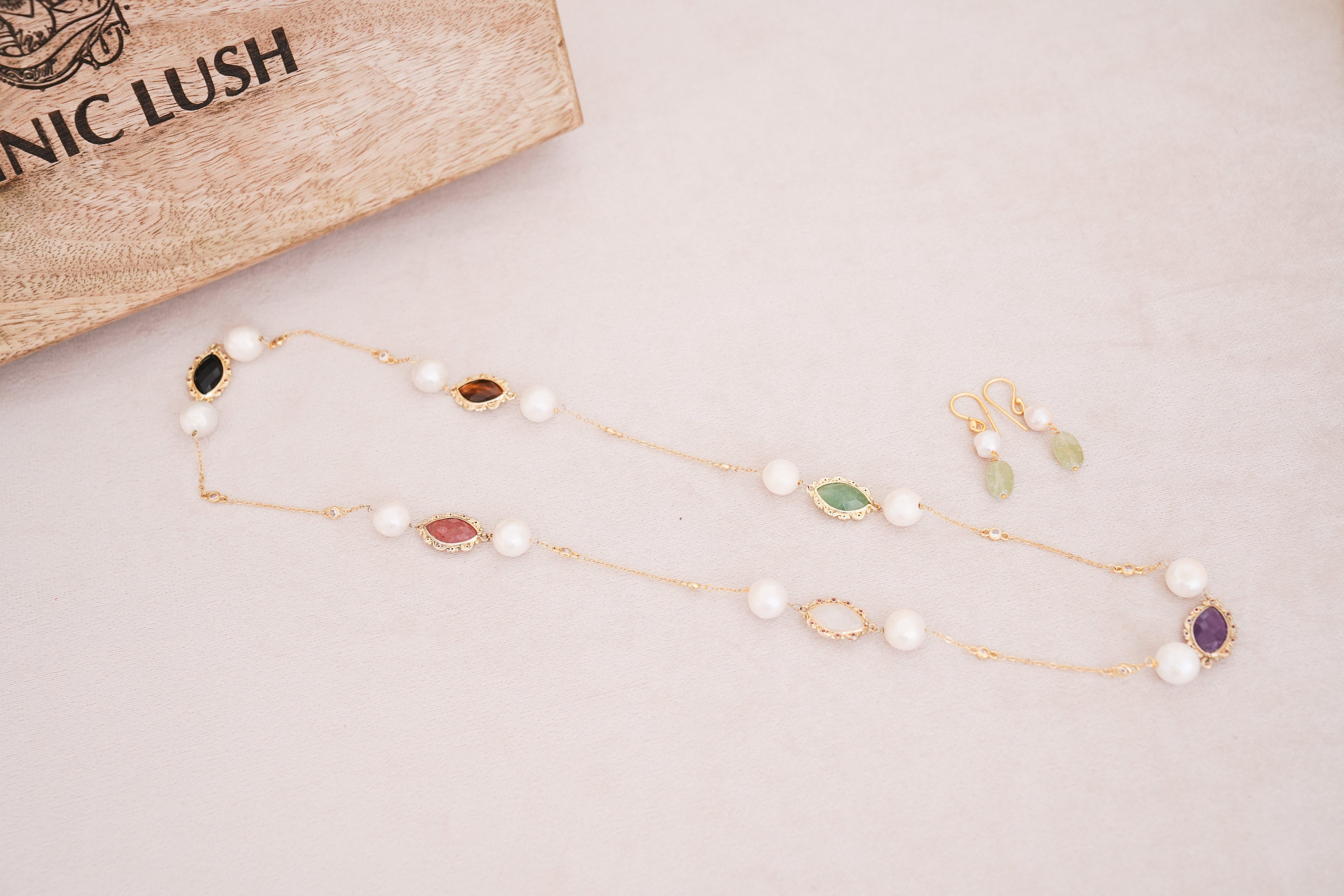 Handcrafted Freshwater Pearl & Pastel Multi-Gemstone Station Necklace with Matching Earrings