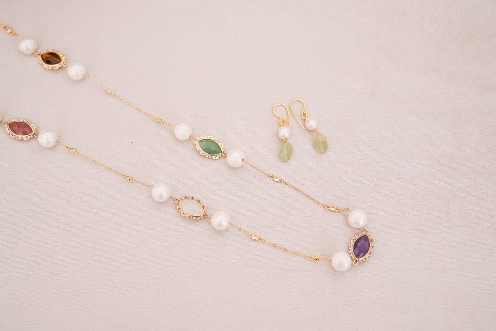 Handcrafted Freshwater Pearl & Pastel Multi-Gemstone Station Necklace with Matching Earrings