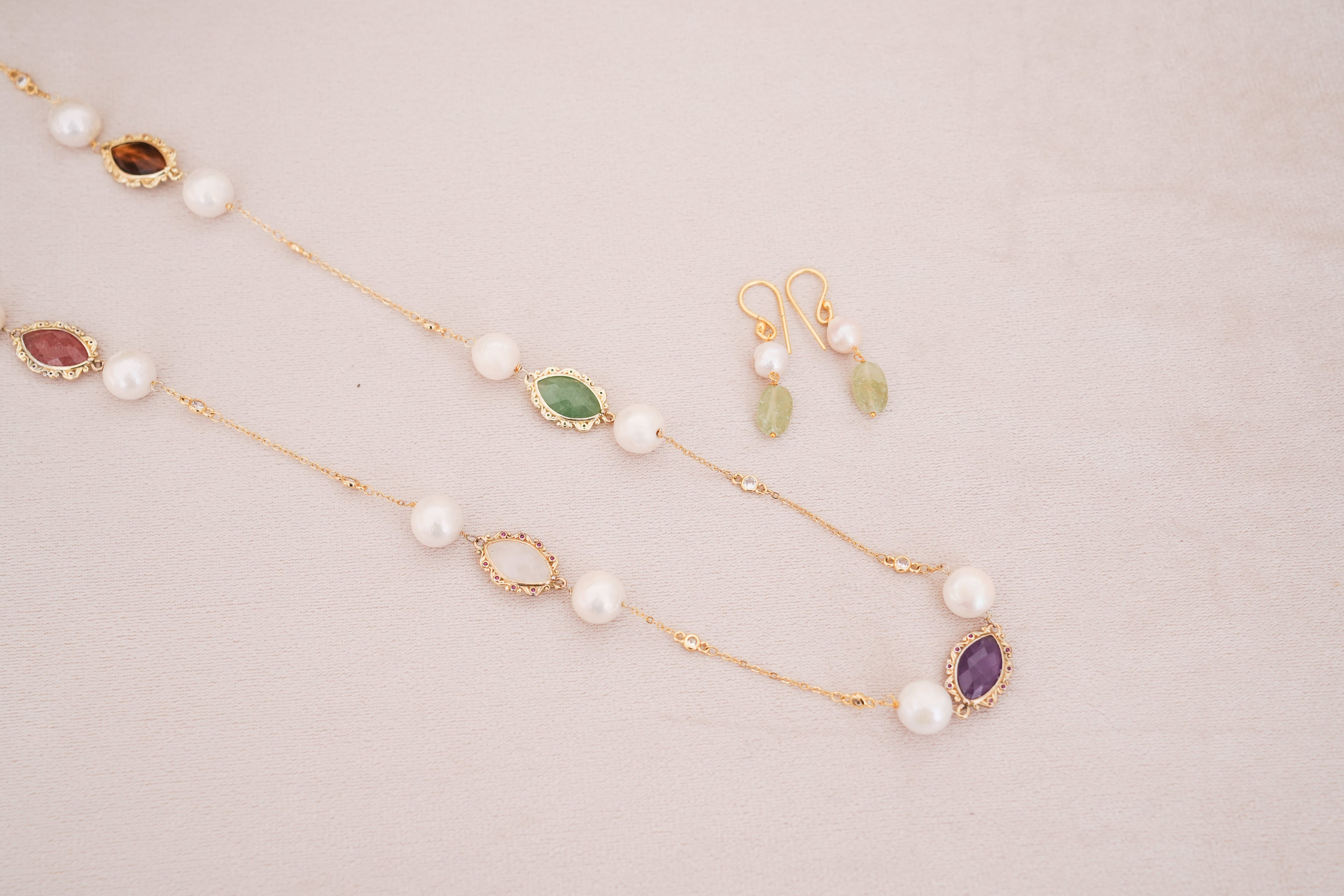 Handcrafted Freshwater Pearl & Pastel Multi-Gemstone Station Necklace with Matching Earrings