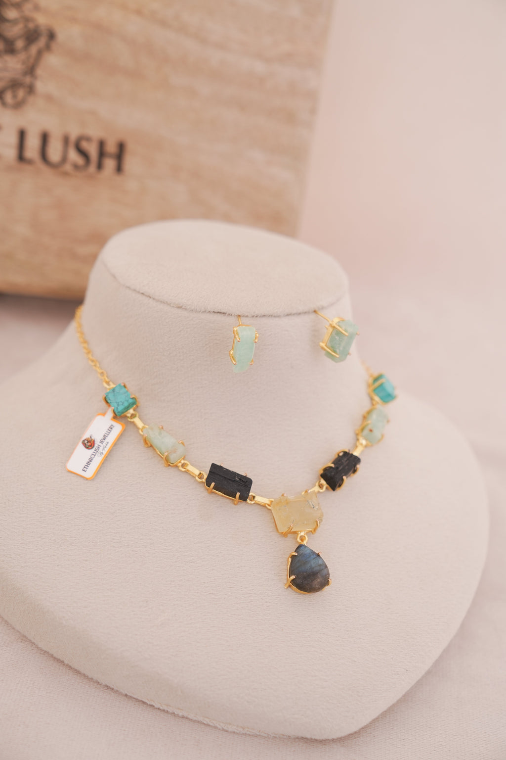 Regal Natural Raw Gemstone Collar Necklace Set
