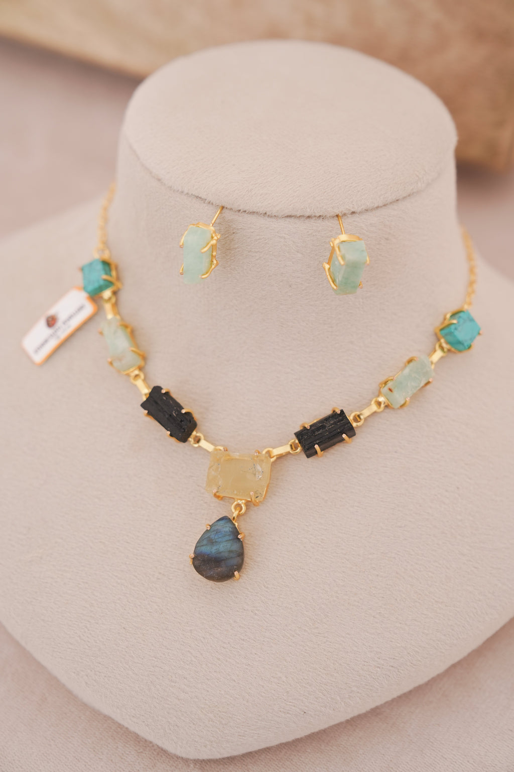 Regal Natural Raw Gemstone Collar Necklace Set