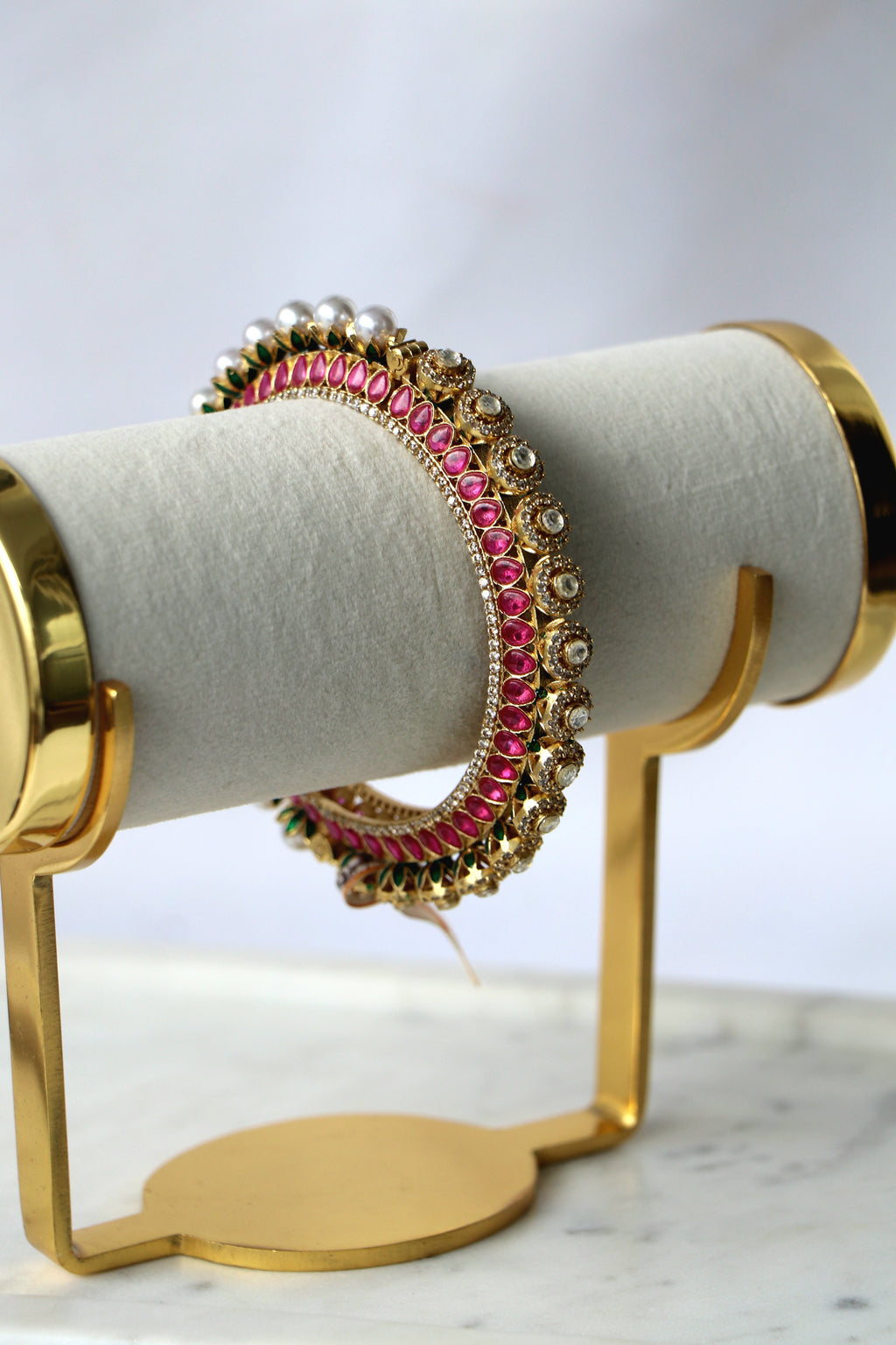 Regal Ruby Green Kundan Pearl Statement Bangle