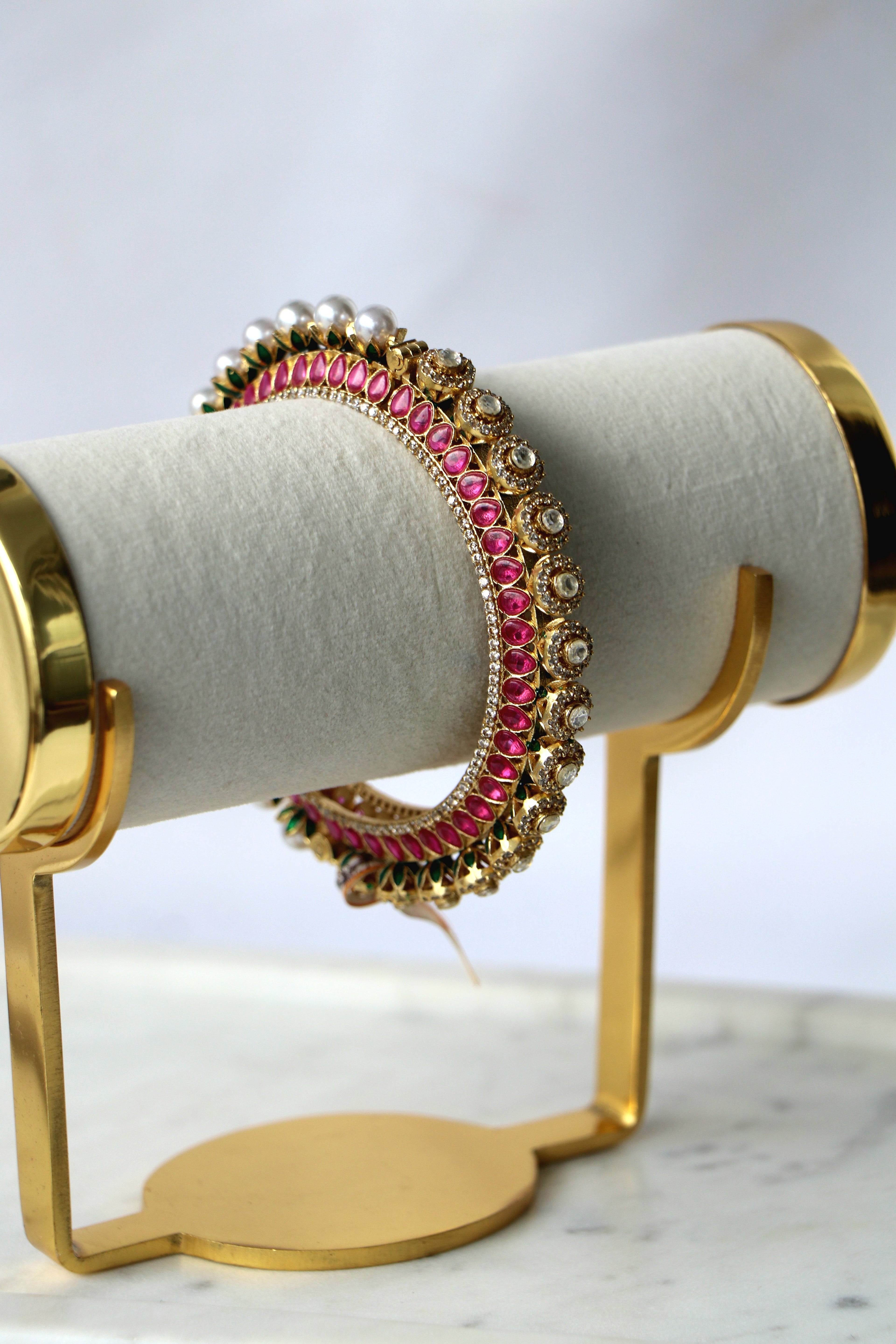 Regal Ruby Green Kundan Pearl Statement Bangle
