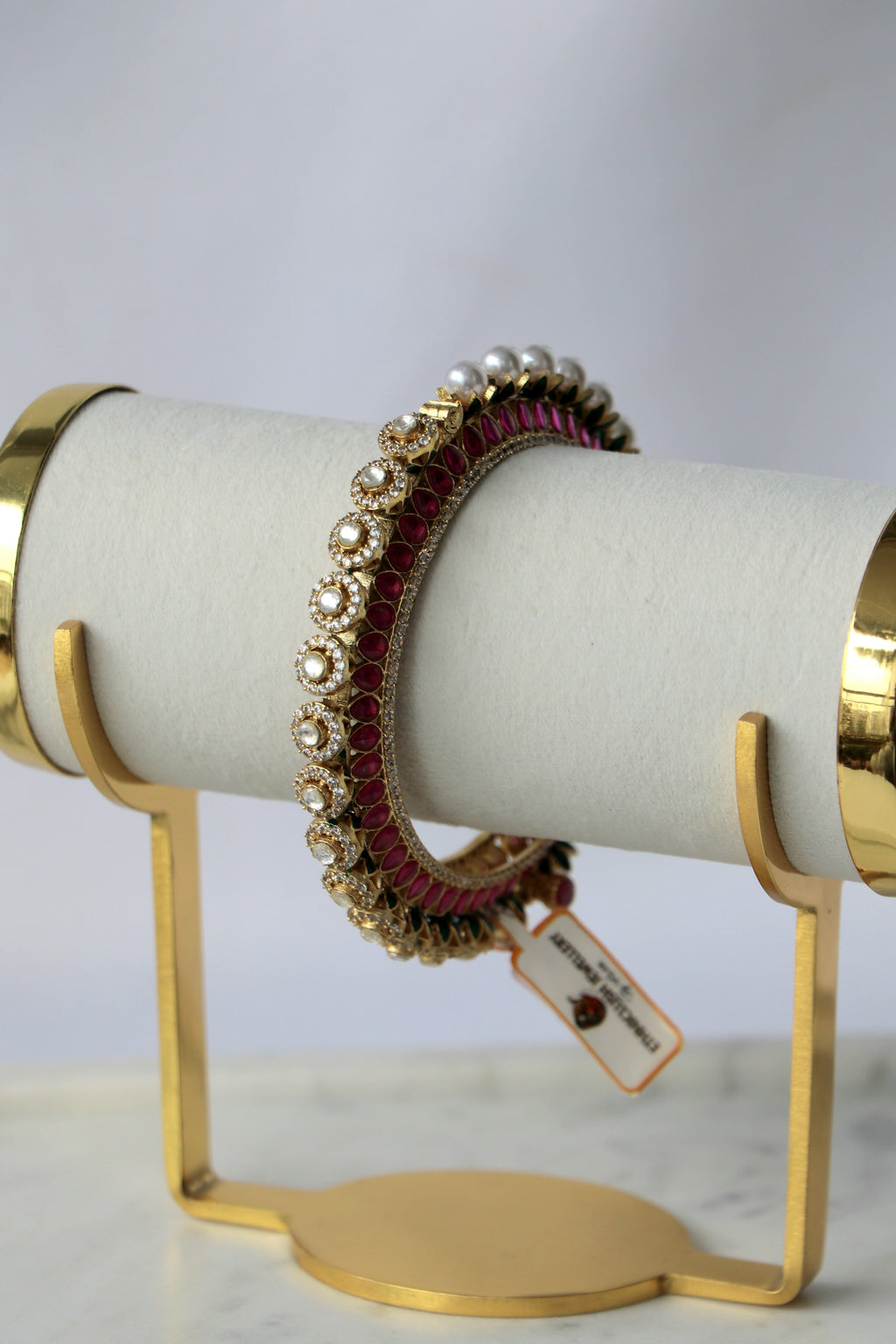 Regal Ruby Green Kundan Pearl Statement Bangle