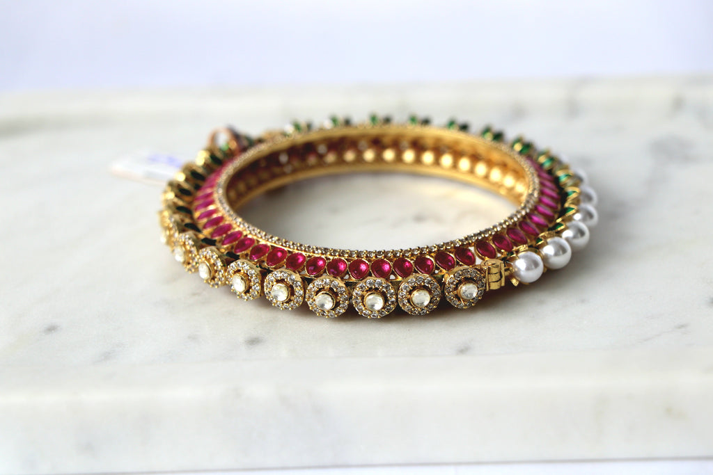 Regal Ruby Green Kundan Pearl Statement Bangle