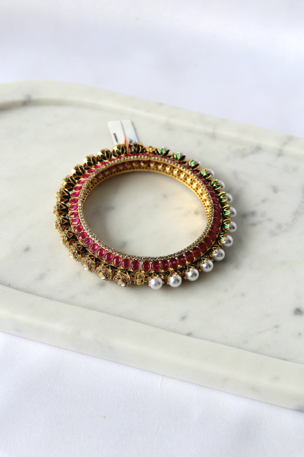 Regal Ruby Green Kundan Pearl Statement Bangle