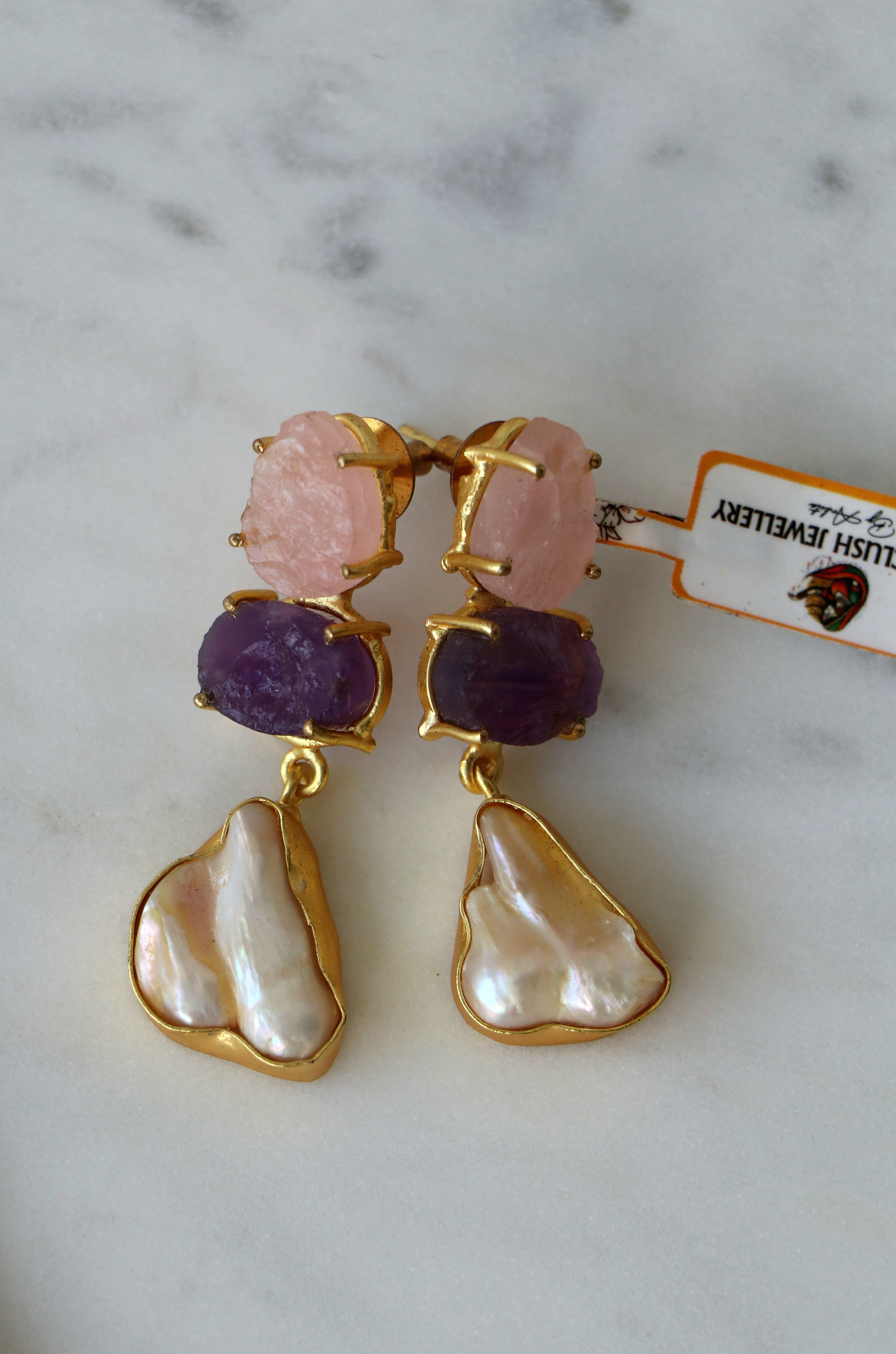 Rose Quartz  Amethyst Pearl Cascade Earrings