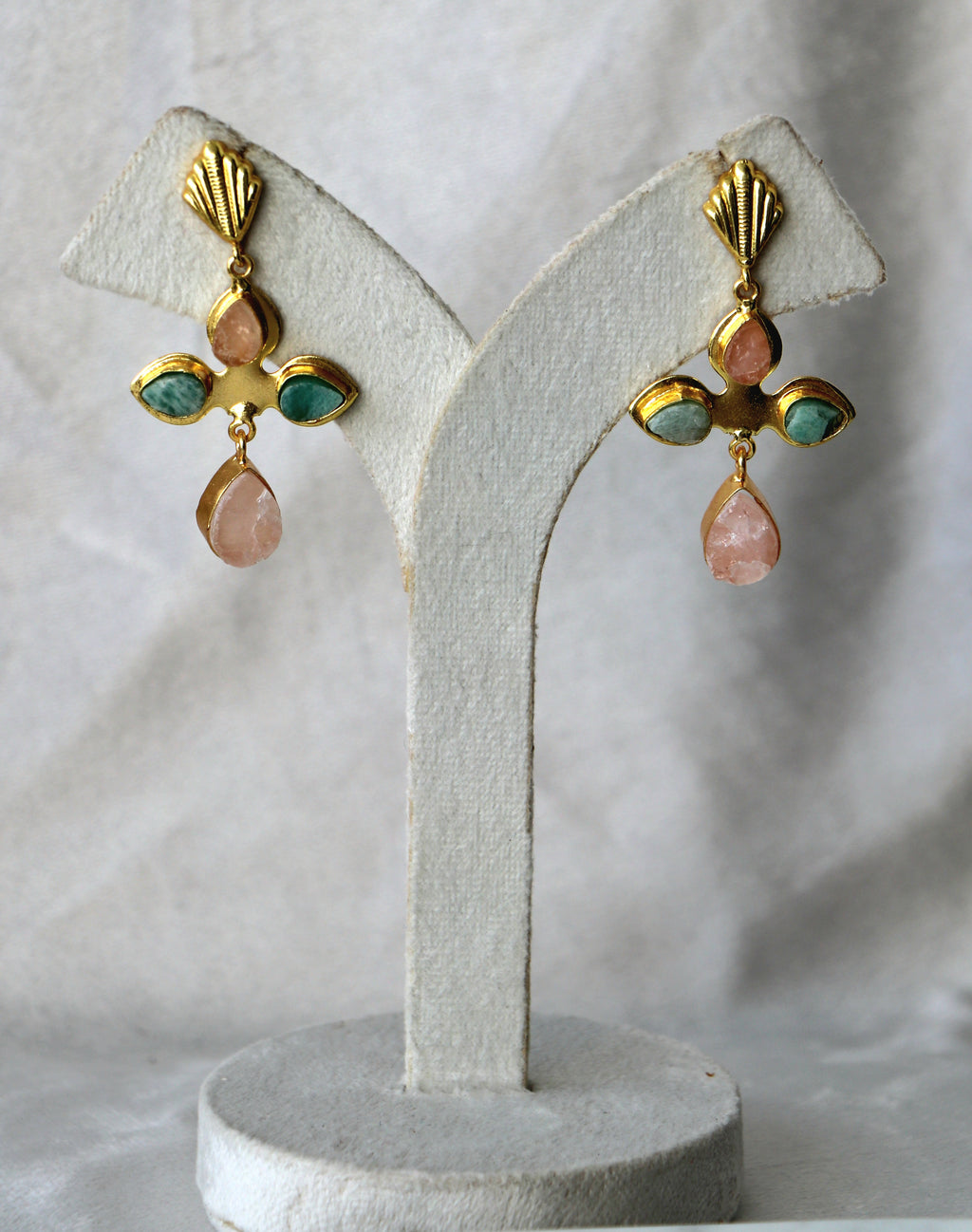 Rose Quartz  Aquamarine Cross Earrings