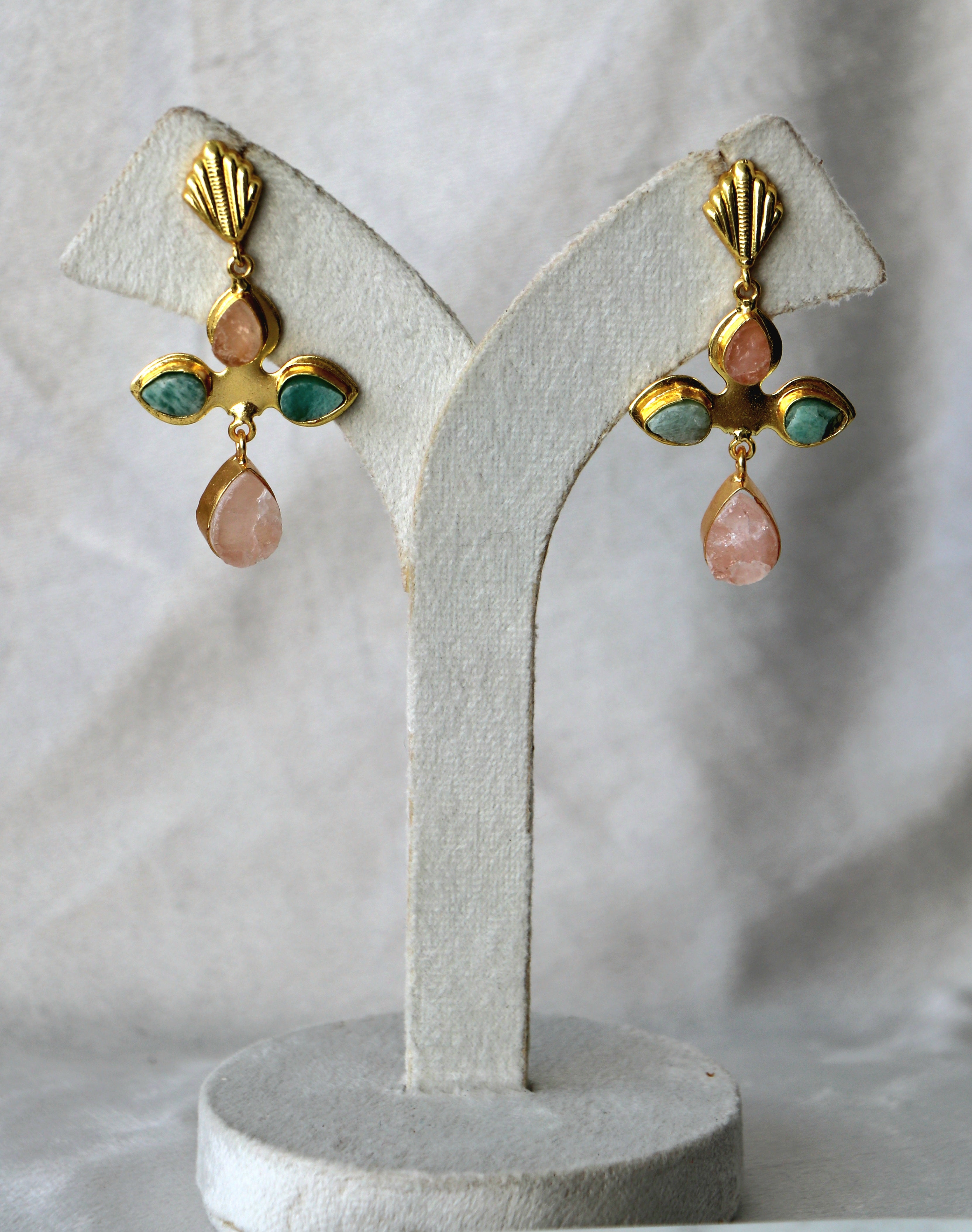 Rose Quartz  Aquamarine Cross Earrings