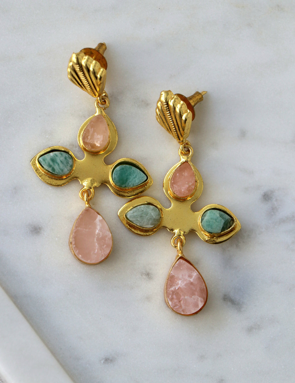Rose Quartz  Aquamarine Cross Earrings