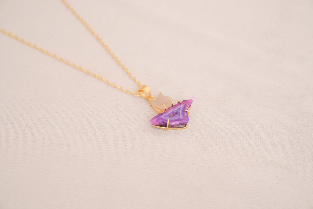 Violet Aura Agate & Rose Quartz Pendant Necklace