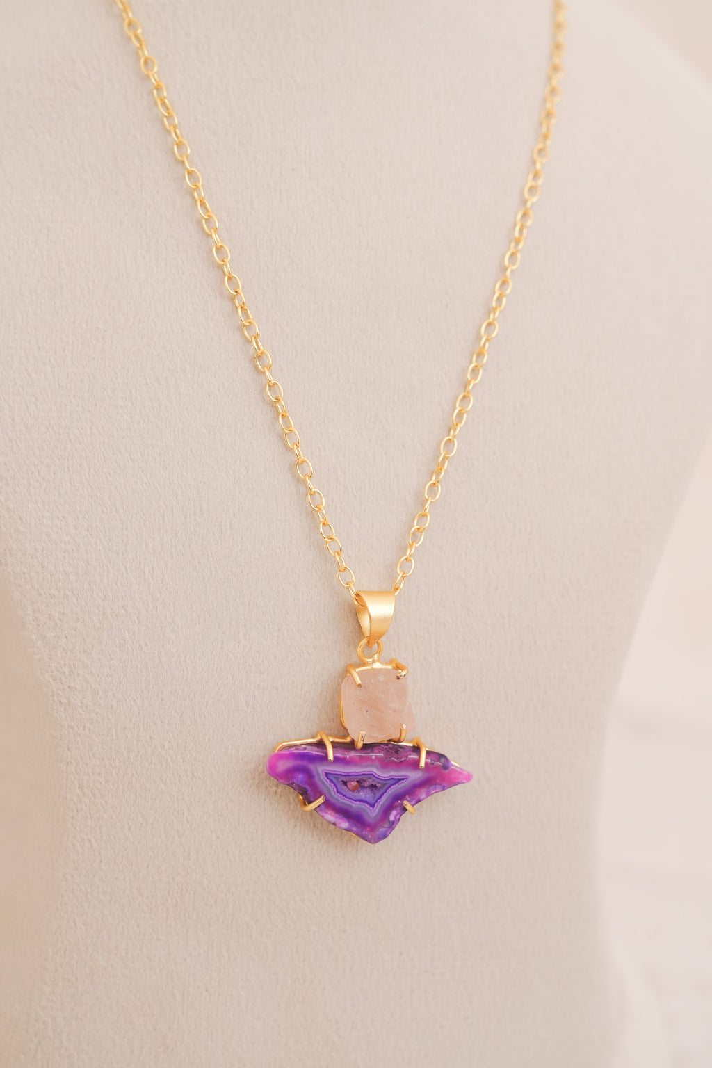Violet Aura Agate & Rose Quartz Pendant Necklace