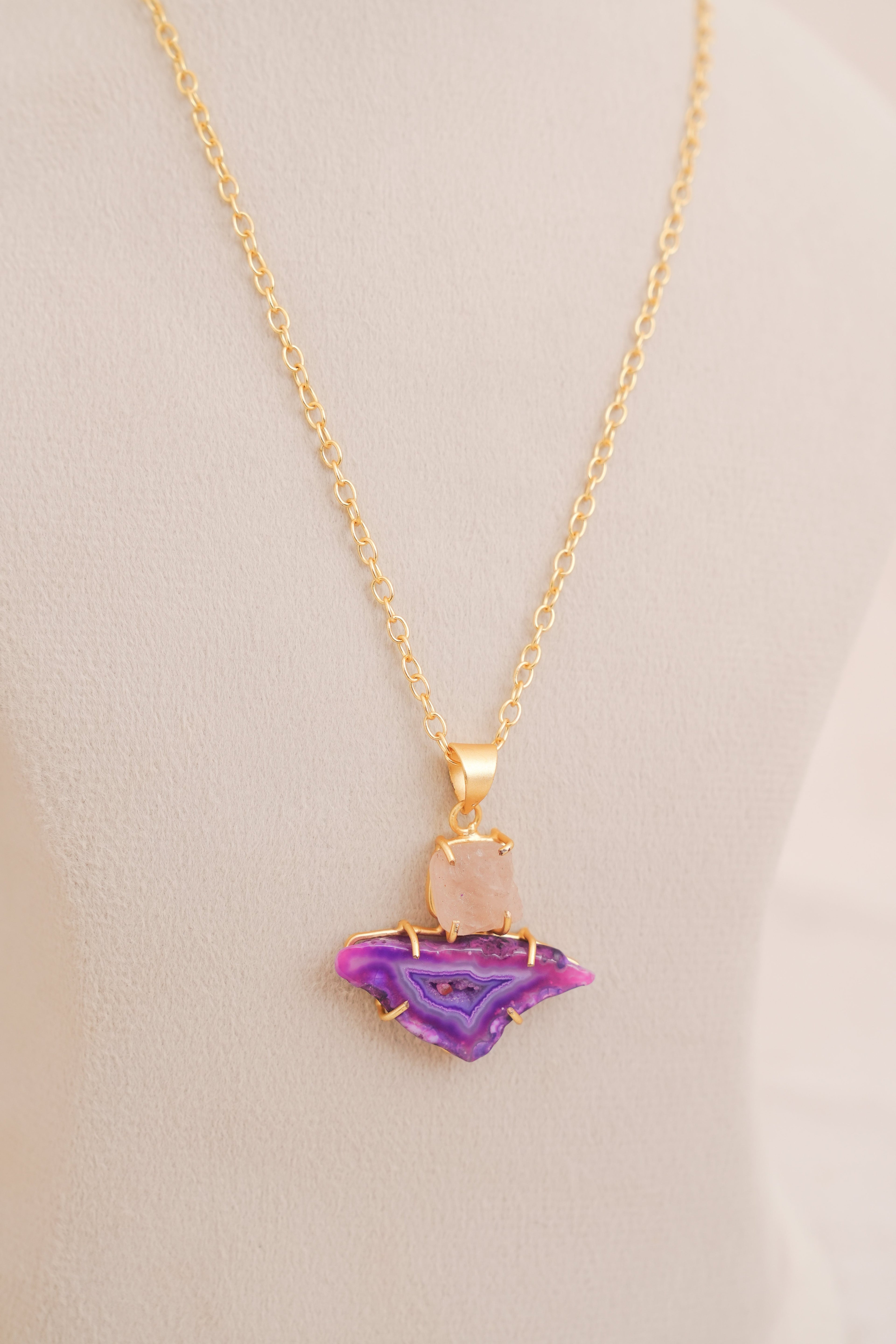 Violet Aura Agate & Rose Quartz Pendant Necklace