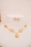 Rose Quartz Gemstone Geometric Statement Necklace with Matching Stud Earrings