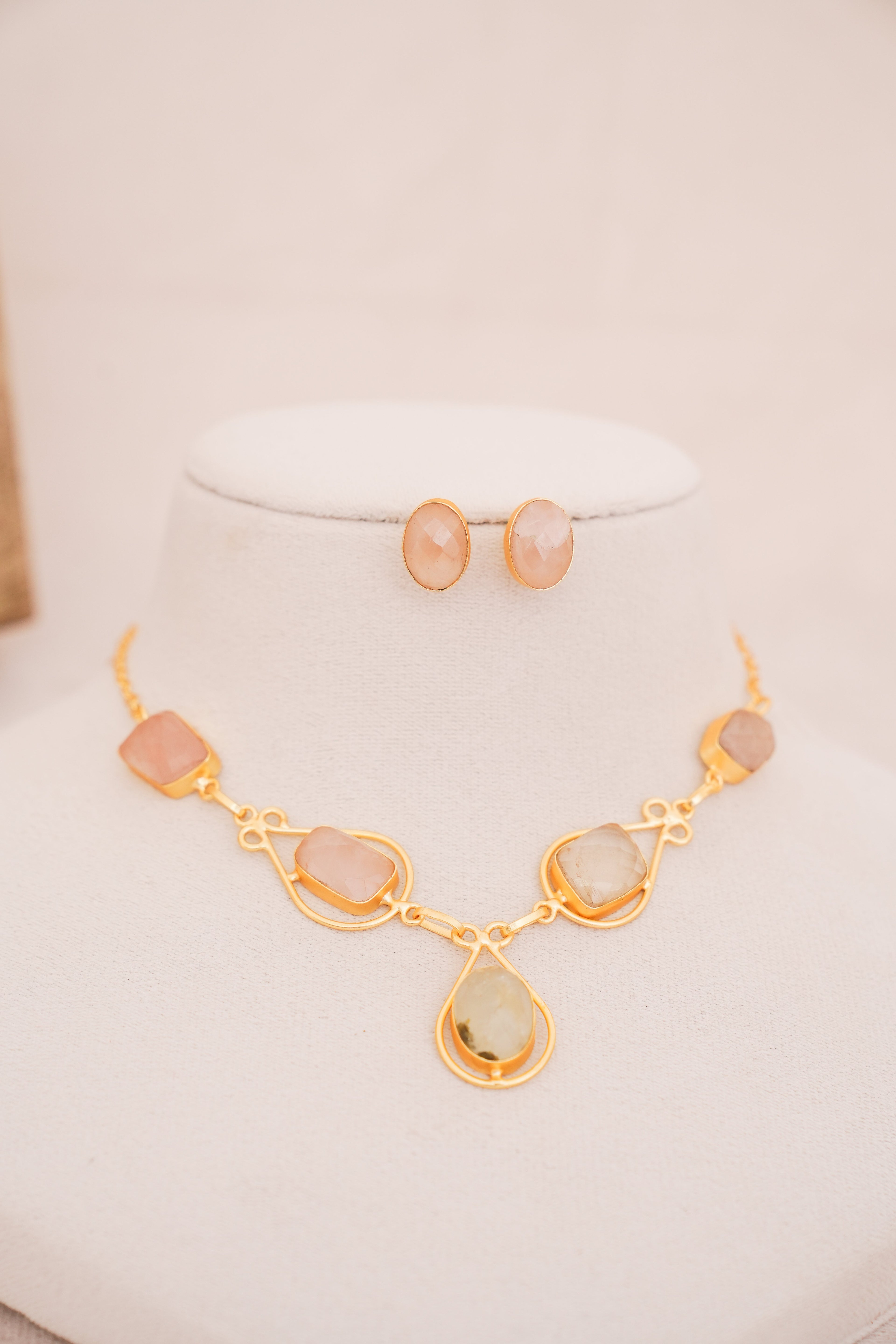 Rose Quartz Gemstone Geometric Statement Necklace with Matching Stud Earrings