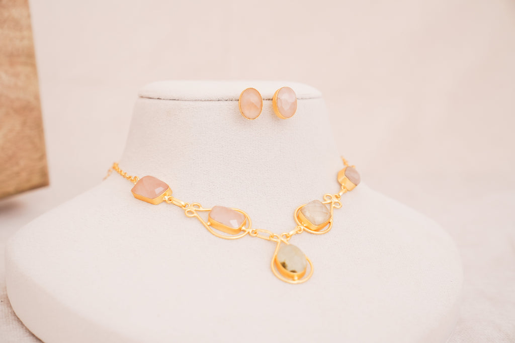 Rose Quartz Gemstone Geometric Statement Necklace with Matching Stud Earrings