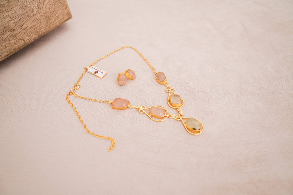 Rose Quartz Gemstone Geometric Statement Necklace with Matching Stud Earrings