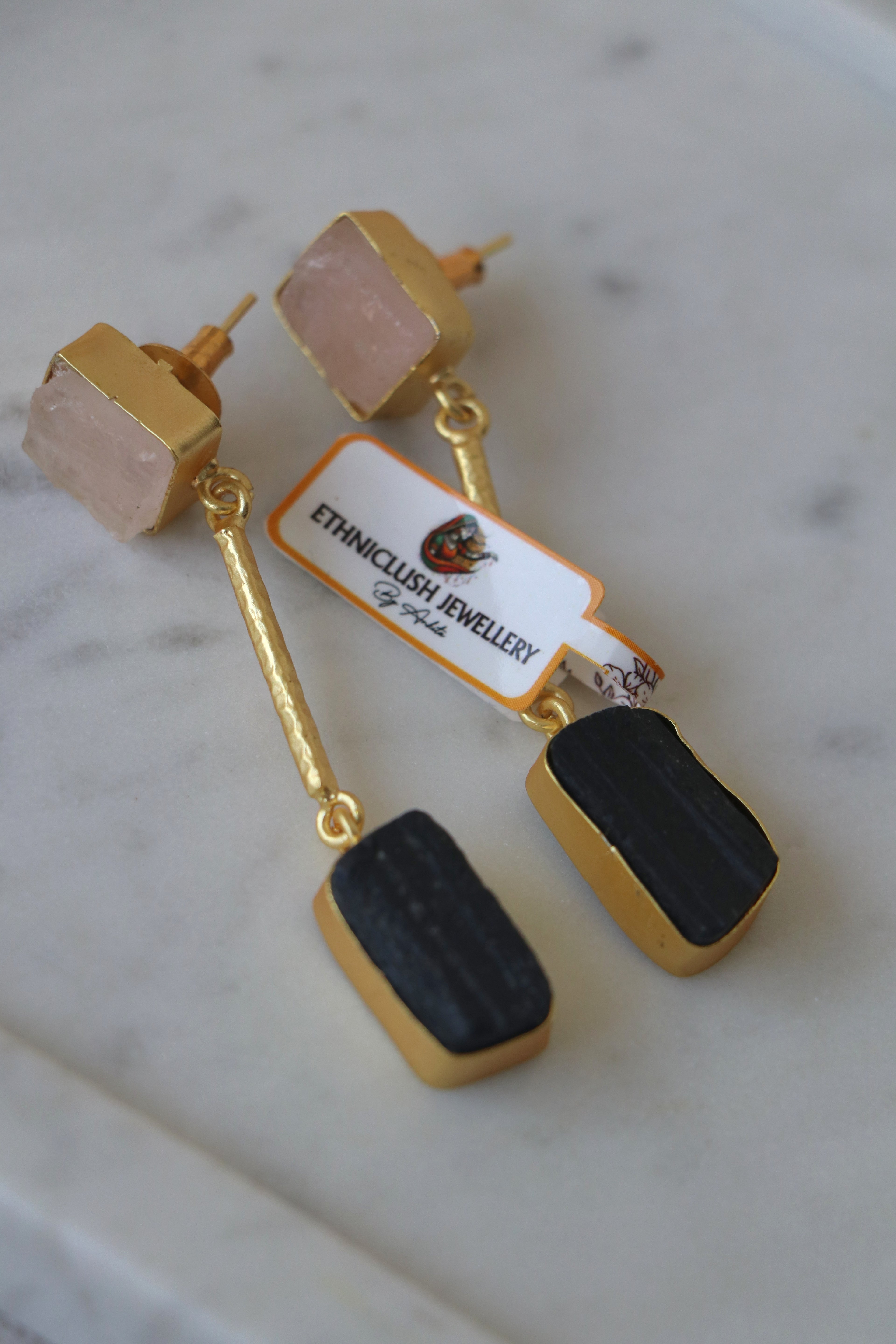 Rose Quartz Tourmaline Dangle Earrings