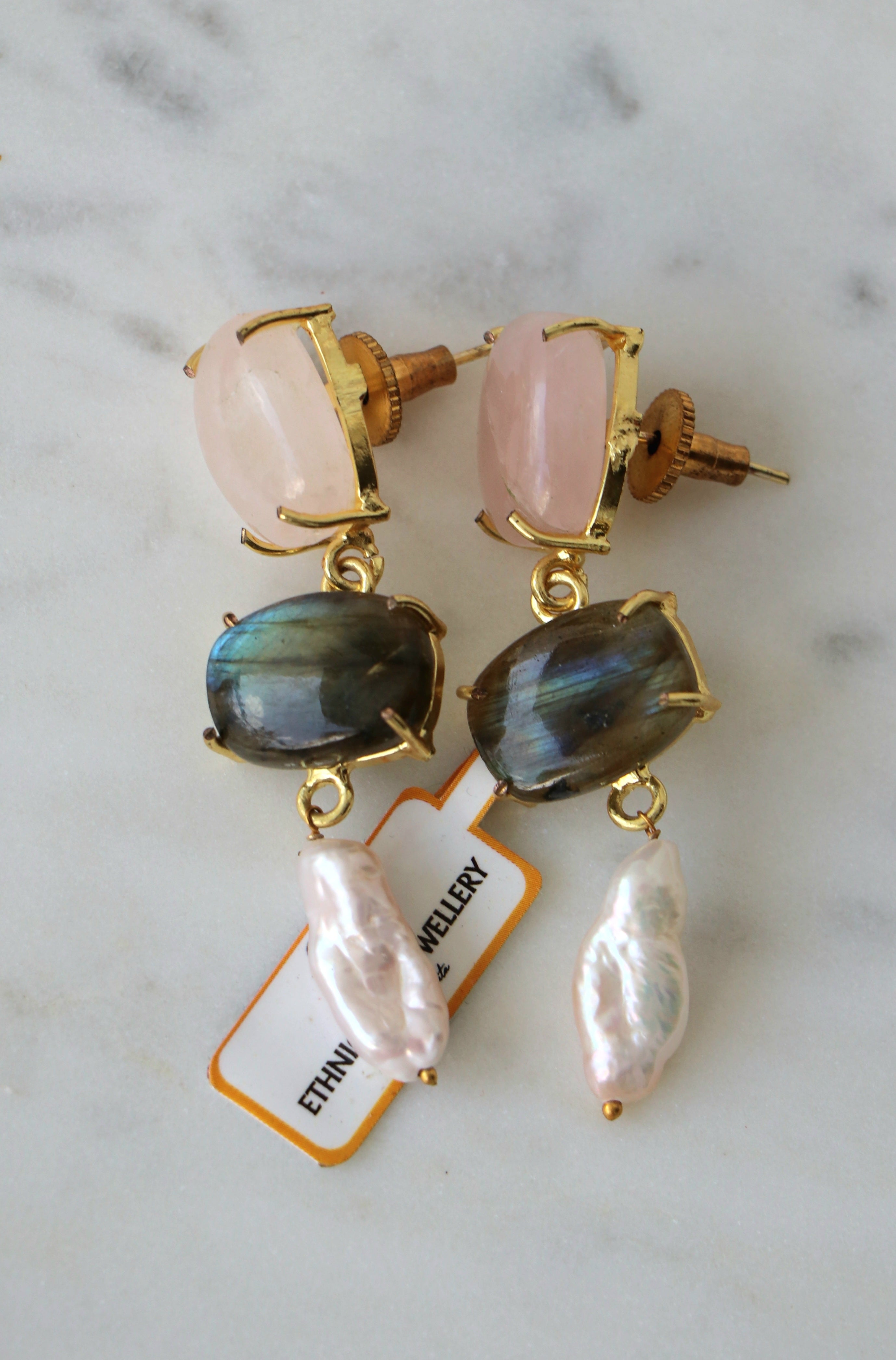 Rose Quartz Labrodrite Pearl Dangle Earrings