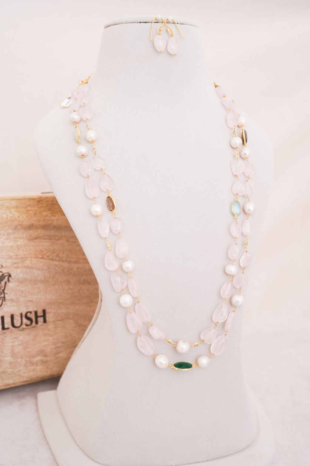 Rose Quartz & Freshwater Pearl Double Layer Necklace with Matching Earring
