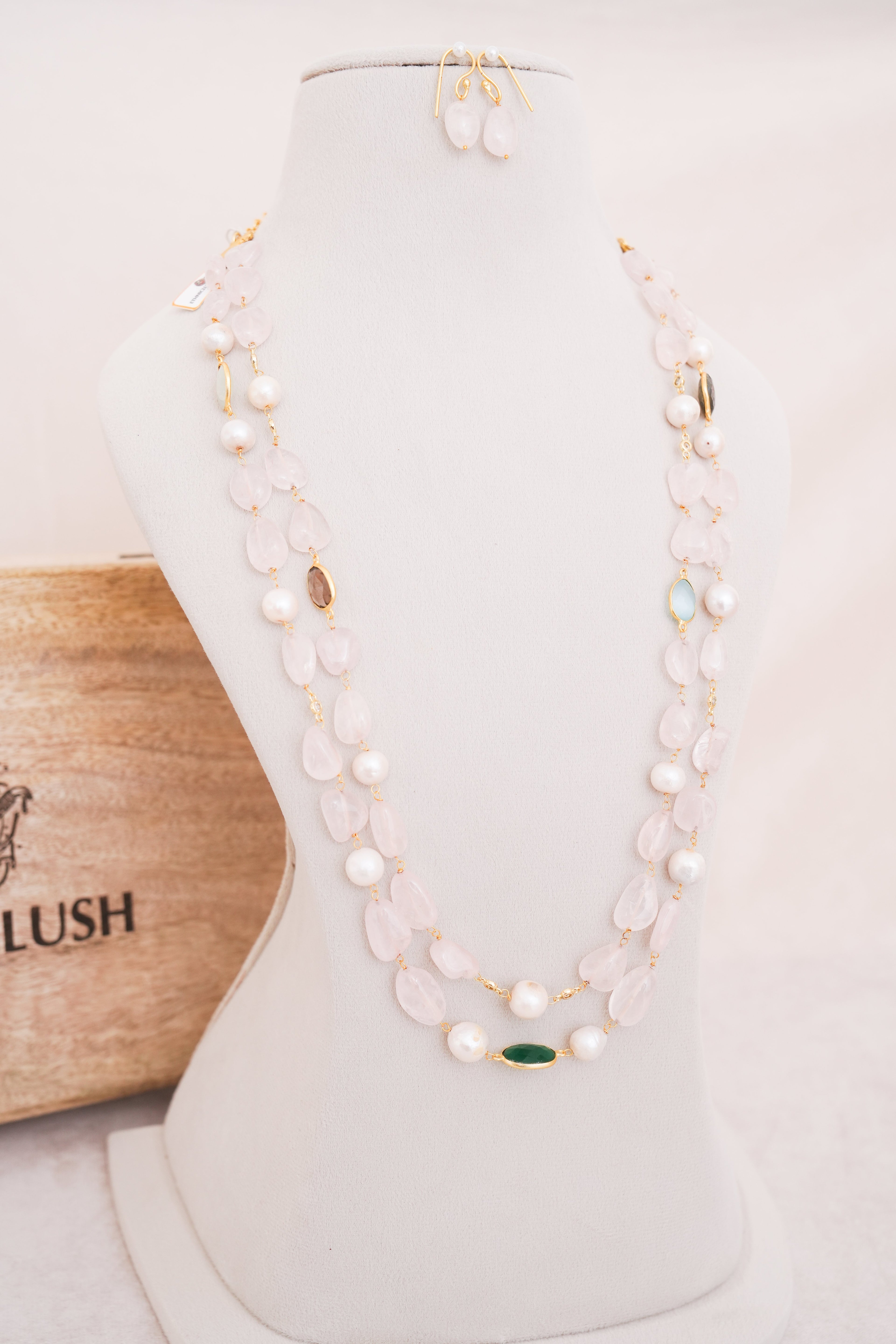 Rose Quartz & Freshwater Pearl Double Layer Necklace with Matching Earring