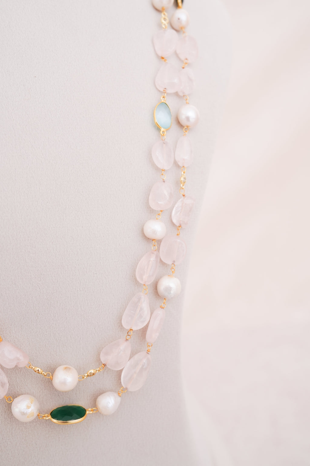 Rose Quartz & Freshwater Pearl Double Layer Necklace with Matching Earring