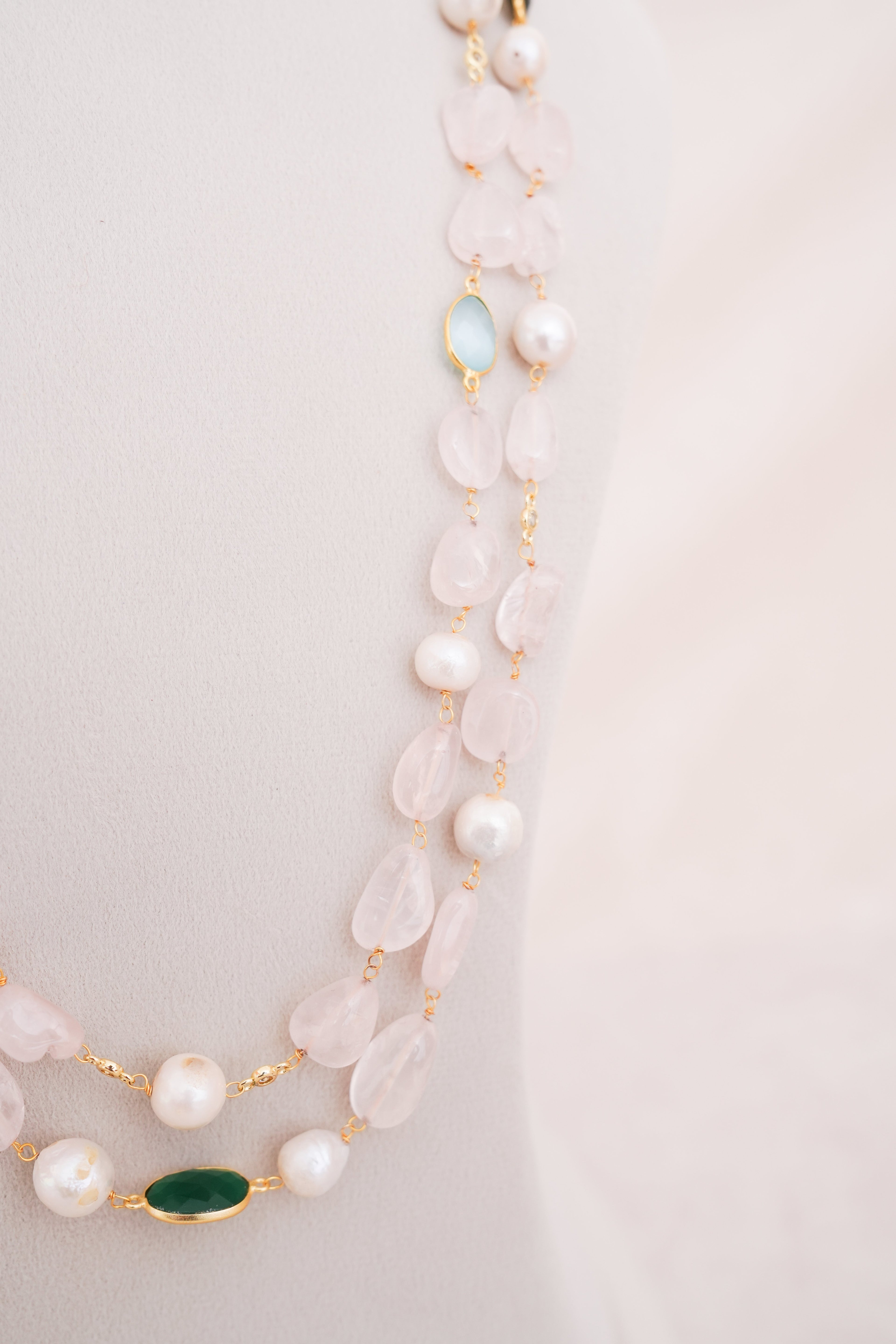 Rose Quartz & Freshwater Pearl Double Layer Necklace with Matching Earring