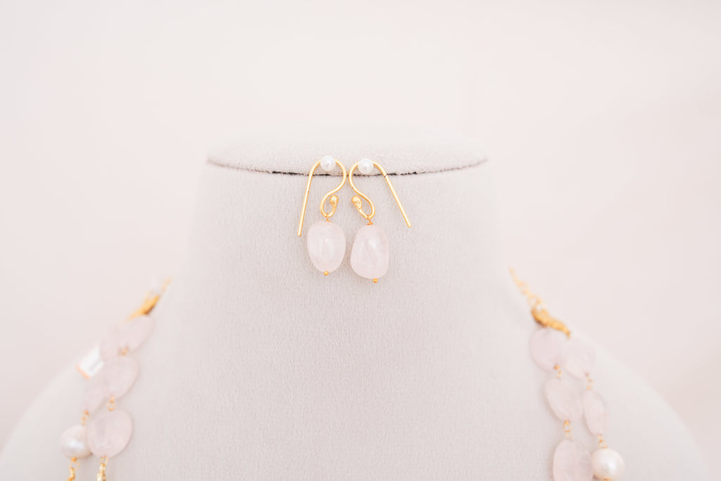 Rose Quartz & Freshwater Pearl Double Layer Necklace with Matching Earring