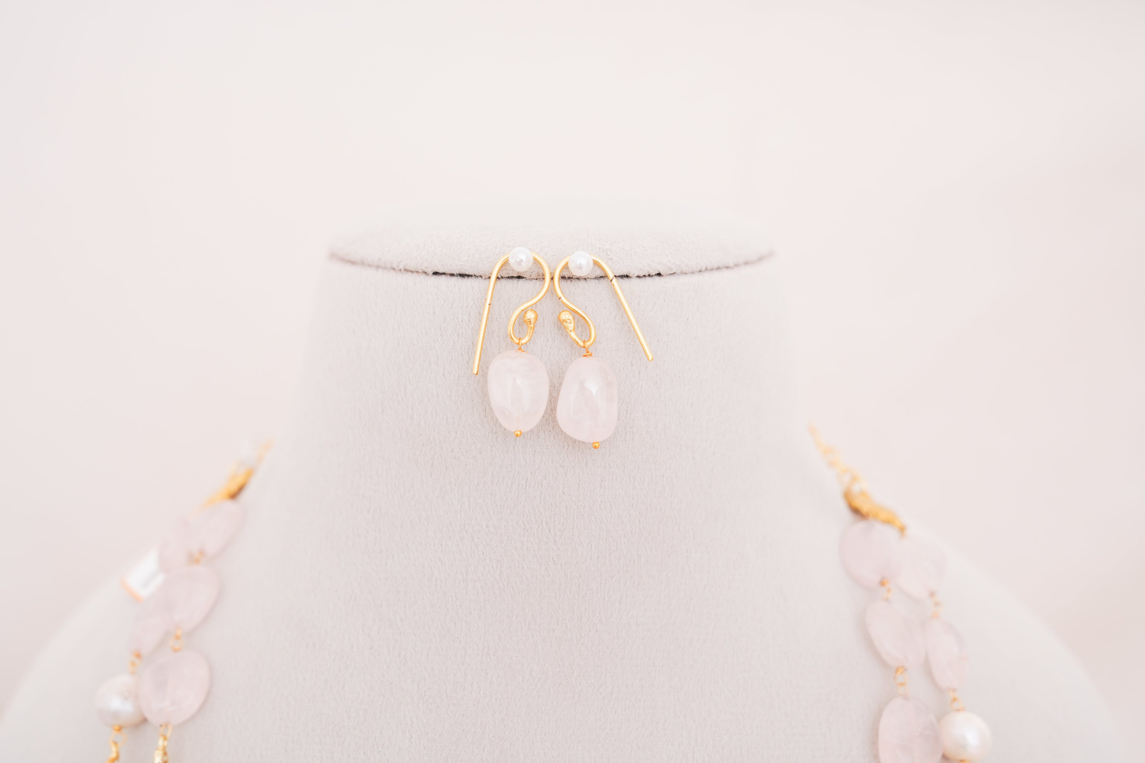 Rose Quartz & Freshwater Pearl Double Layer Necklace with Matching Earring