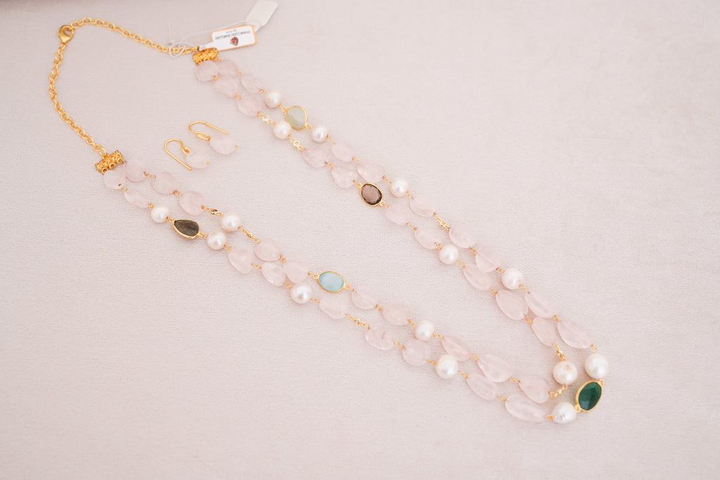 Rose Quartz & Freshwater Pearl Double Layer Necklace with Matching Earring