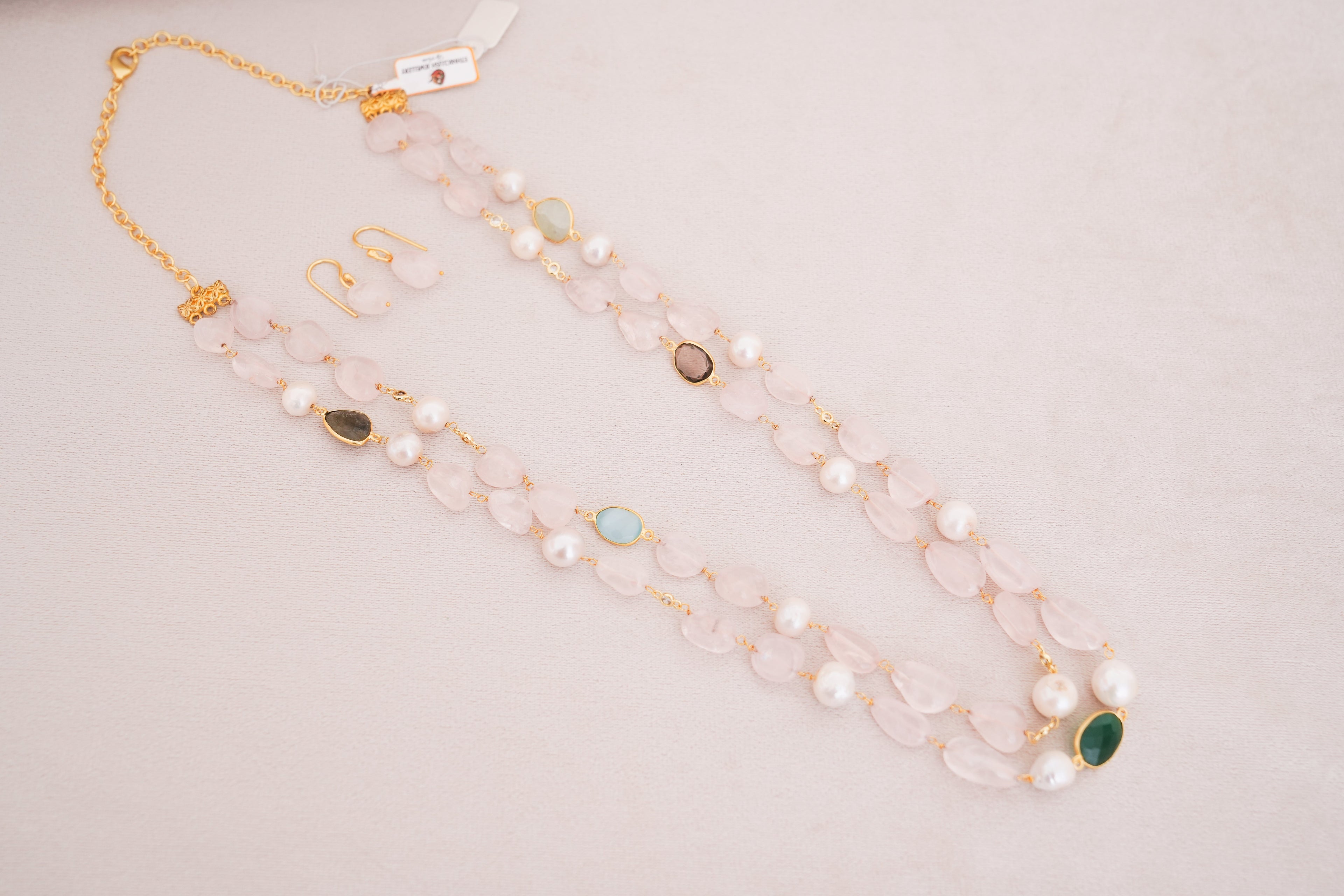 Rose Quartz & Freshwater Pearl Double Layer Necklace with Matching Earring