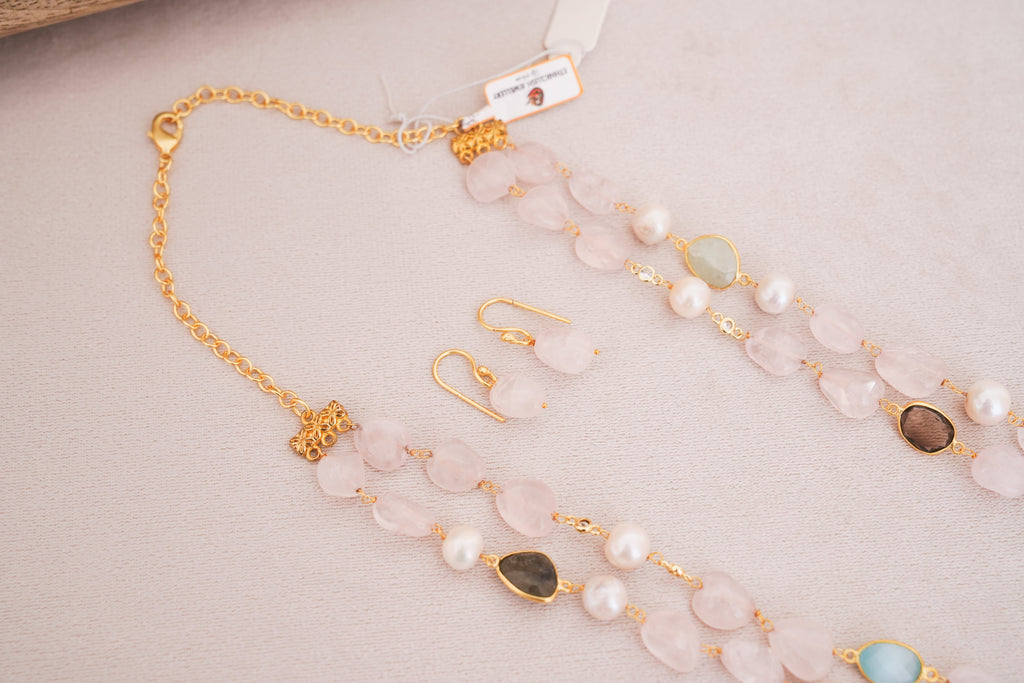 Rose Quartz & Freshwater Pearl Double Layer Necklace with Matching Earring