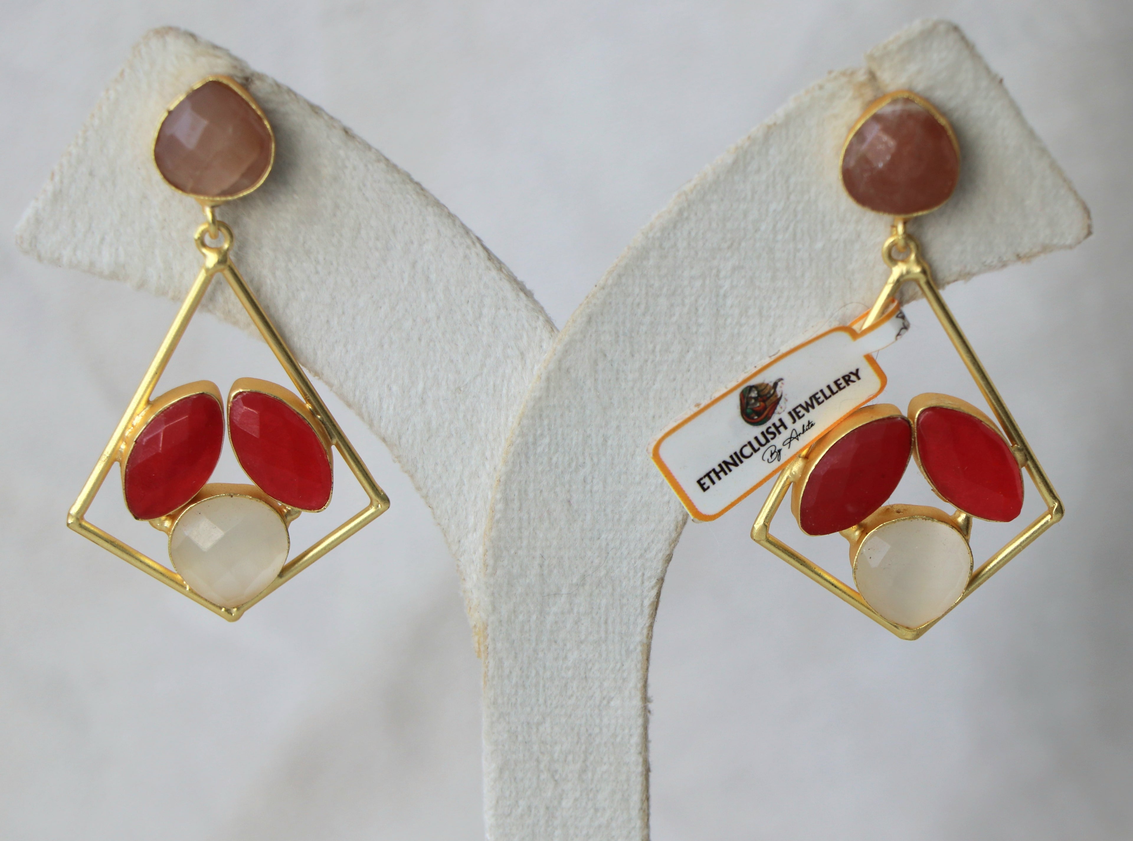 Rose Quartz  Ruby Geometric Dangle Earrings