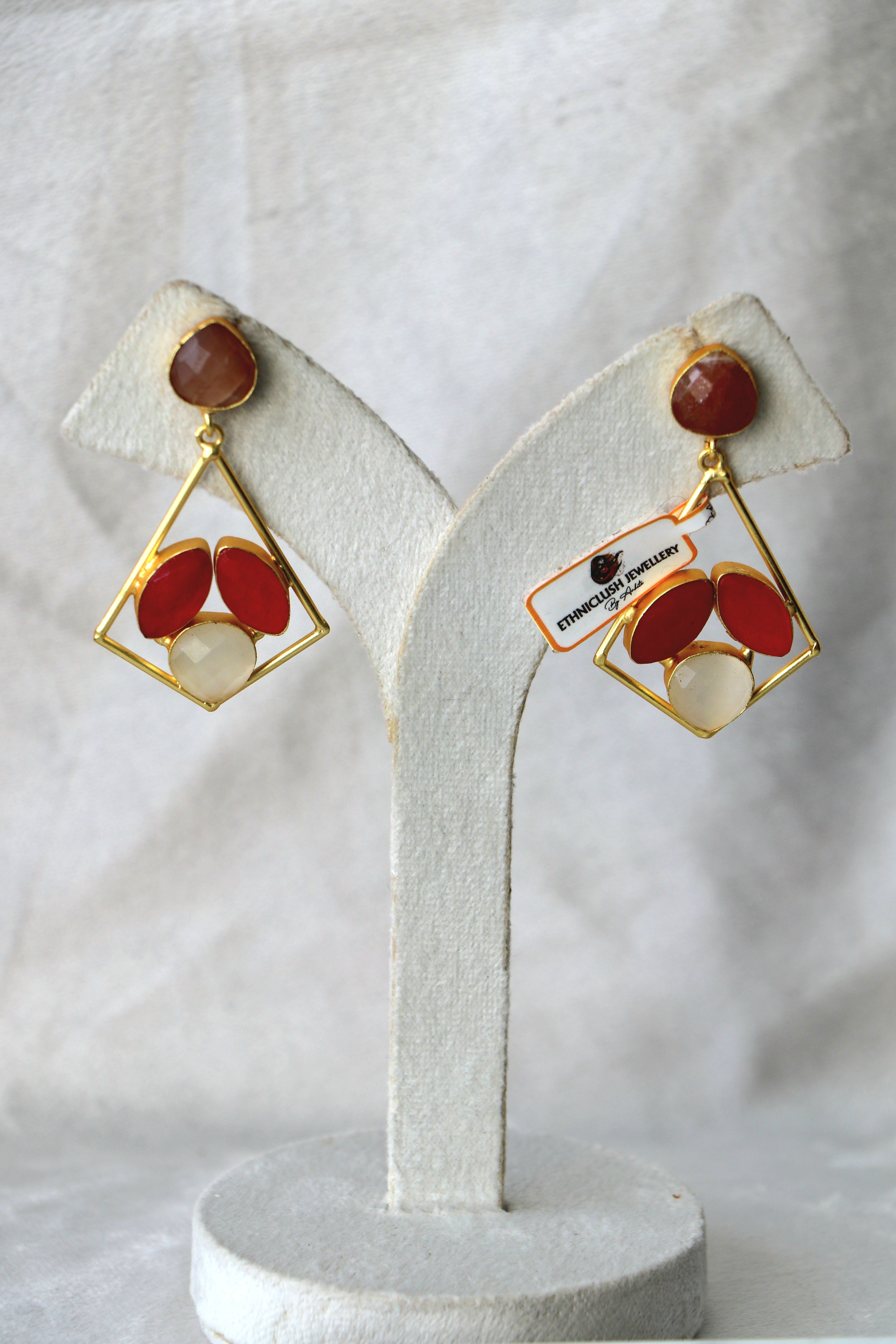 Rose Quartz  Ruby Geometric Dangle Earrings
