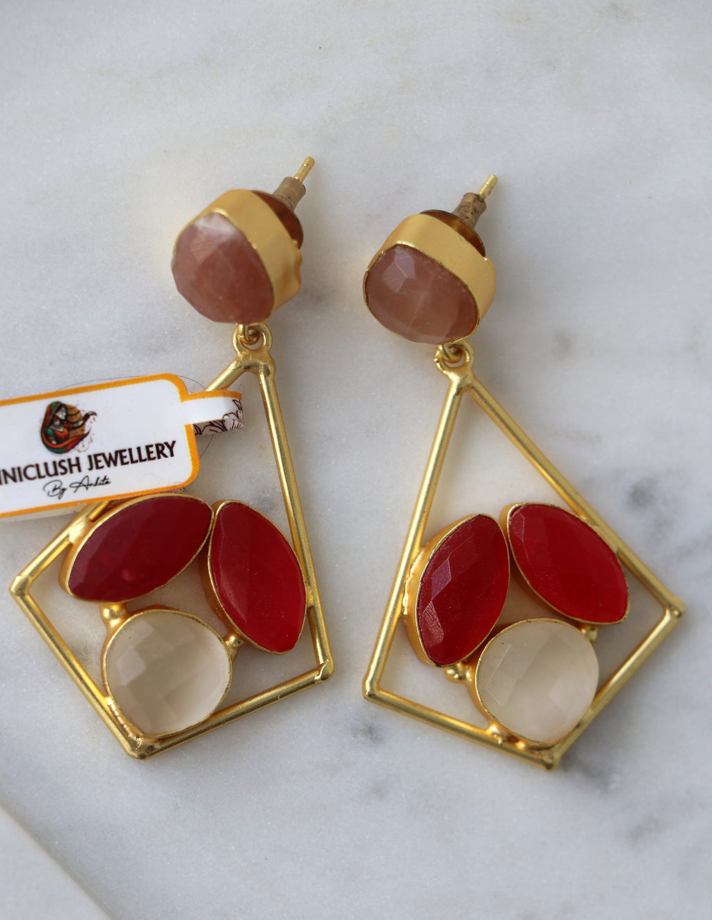 Rose Quartz  Ruby Geometric Dangle Earrings