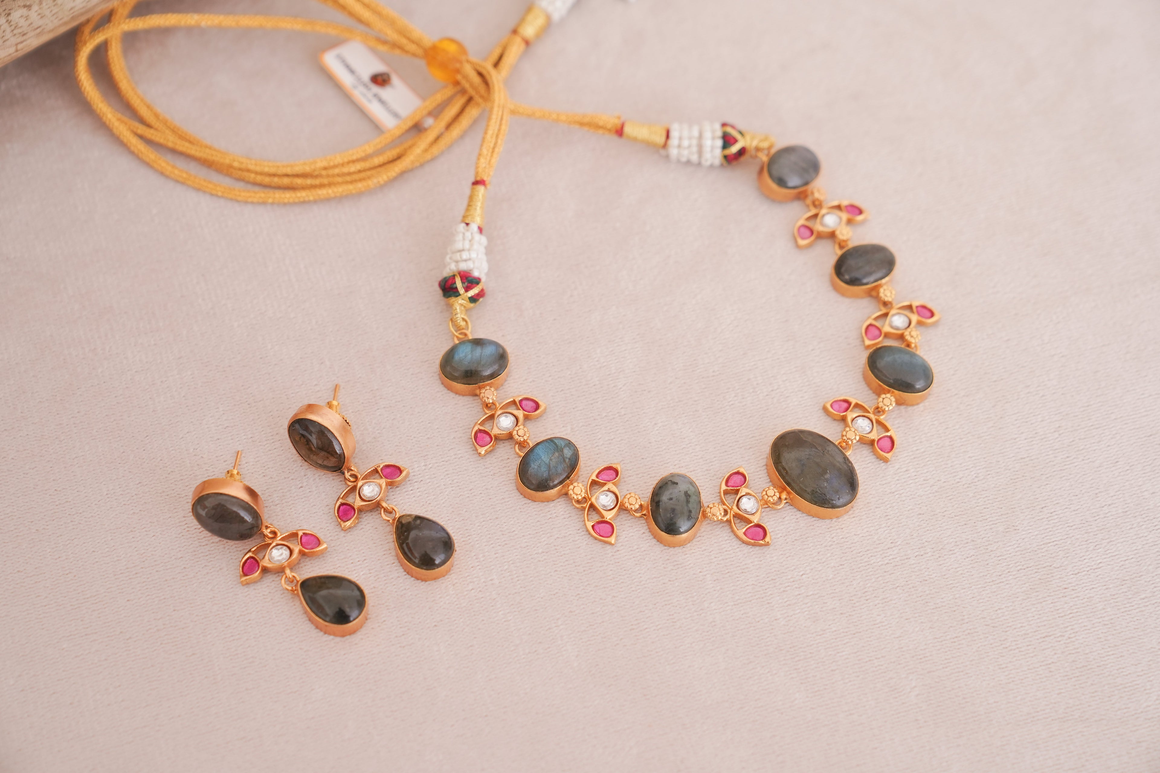Natural Labrodrite Gemstone & Kundan Floral Necklace Set
